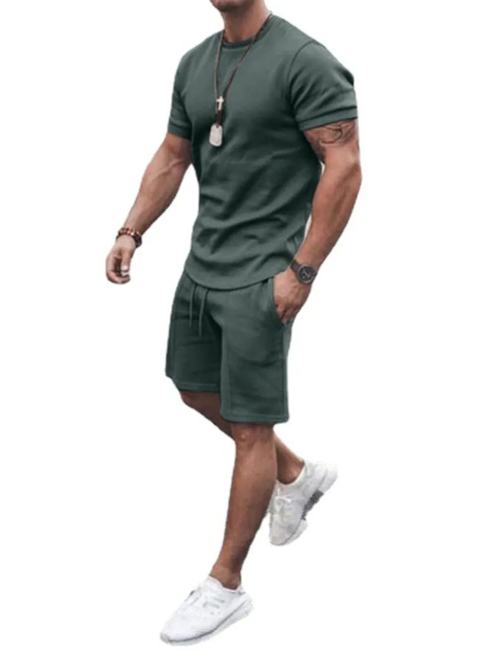 Men's Plus Size Round Neck Short Sleeve Top and Shorts Set - Lookzlike