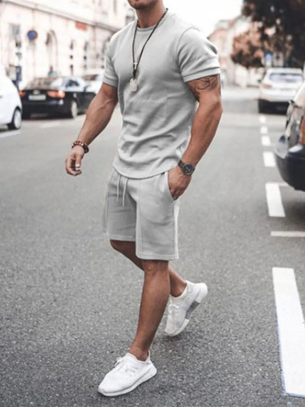 Men's Plus Size Round Neck Short Sleeve Top and Shorts Set - Lookzlike