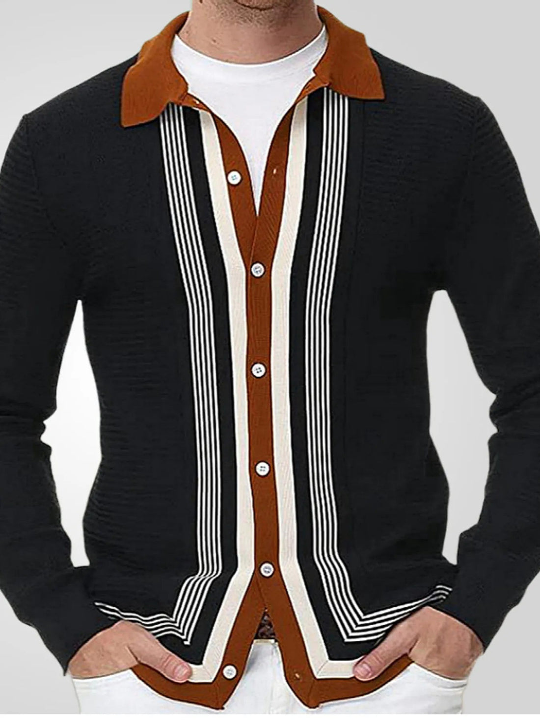 Men's Plus Size Striped Button Up Long Sleeve Polo - Lookzlike