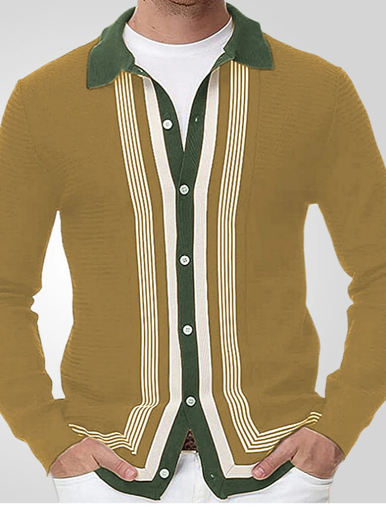 Men's Plus Size Striped Button Up Long Sleeve Polo - Lookzlike