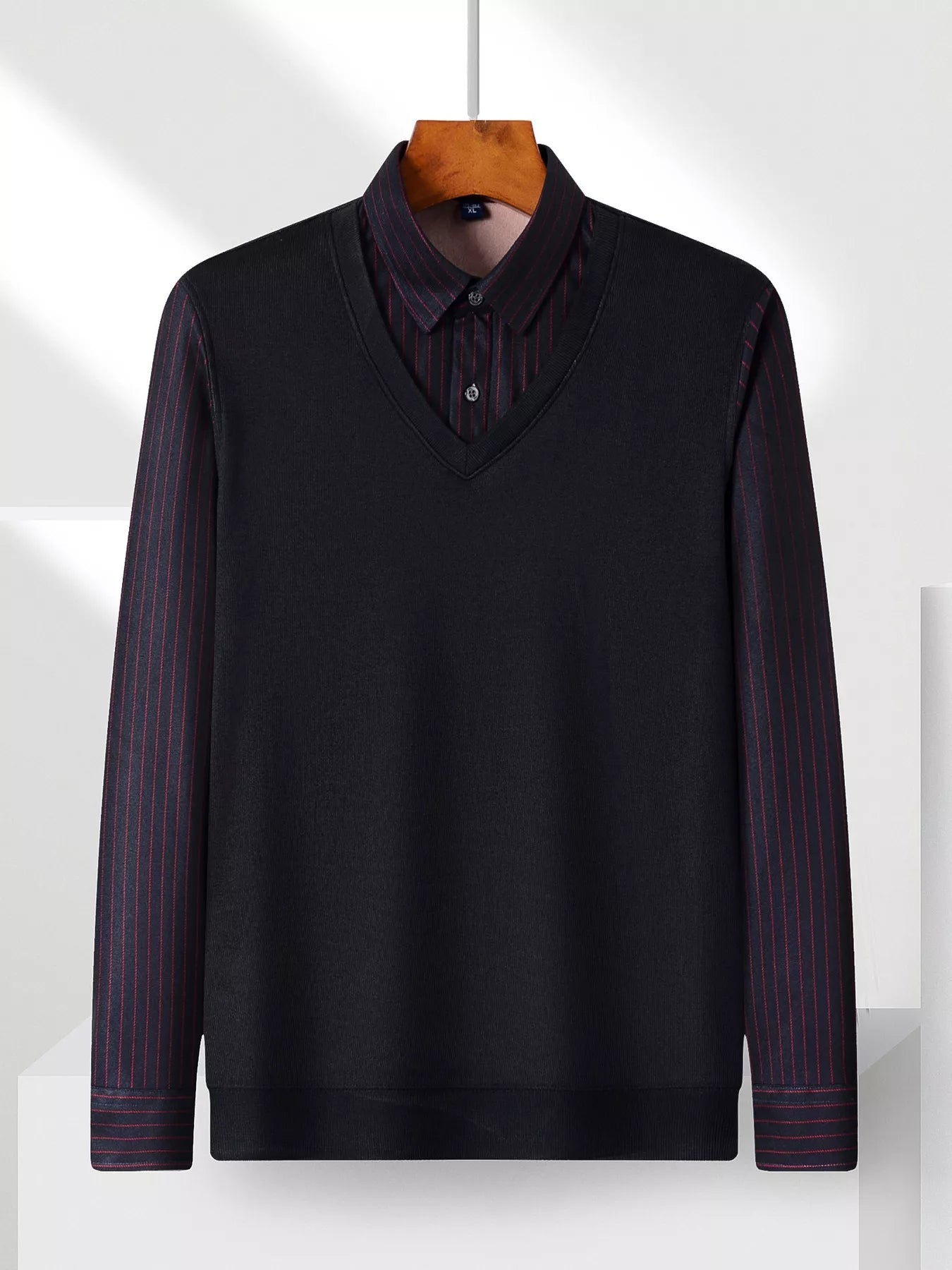Men's Plus Size Striped Long Sleeve Fake Two - Piece Knit Top designed for comfort and style at Lookzlike