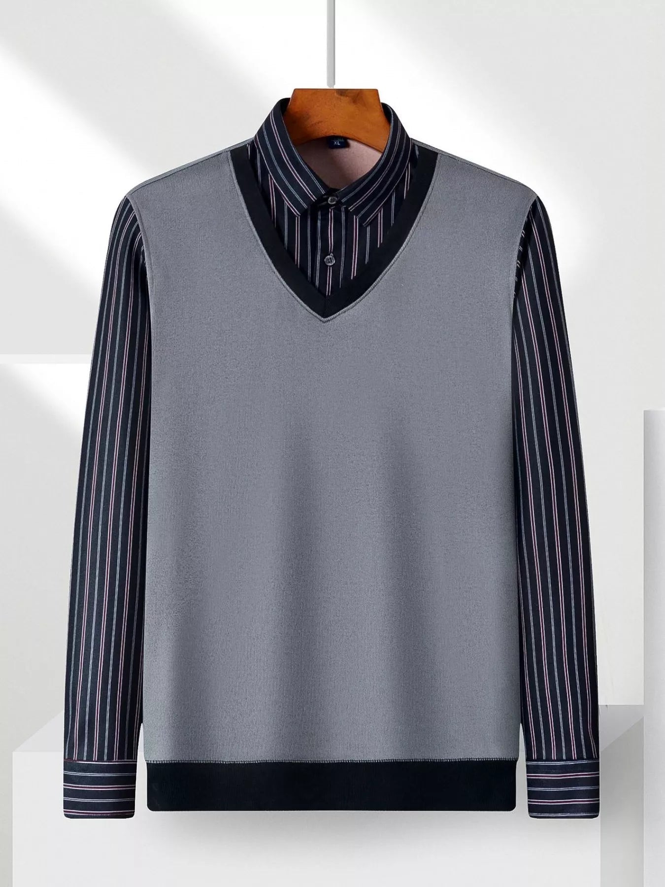 Men's Plus Size Striped Long Sleeve Fake Two - Piece Knit Top designed for comfort and style at Lookzlike