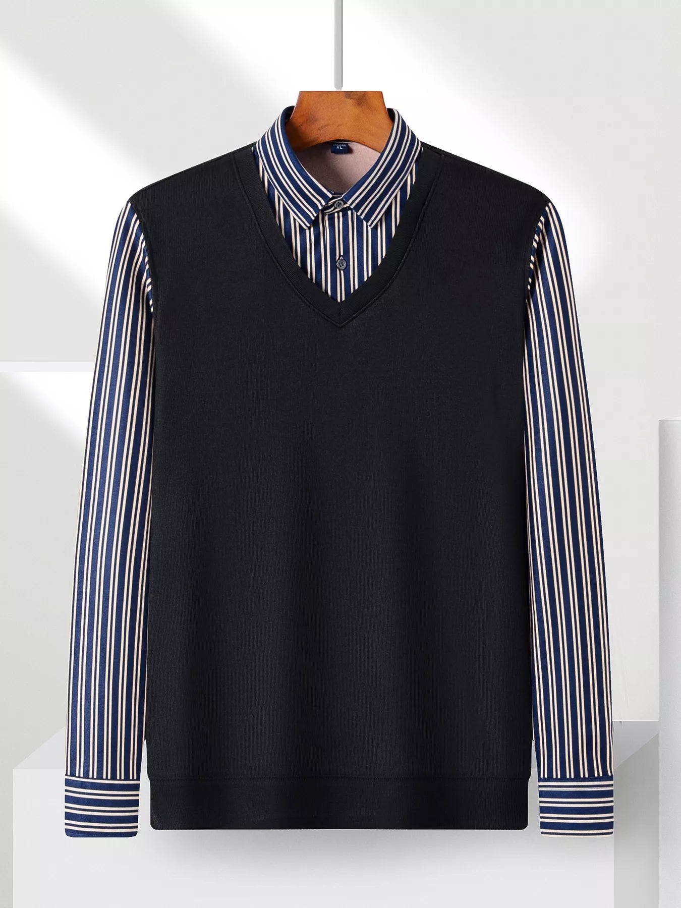 Men's Plus Size Striped Long Sleeve Fake Two - Piece Knit Top designed for comfort and style at Lookzlike