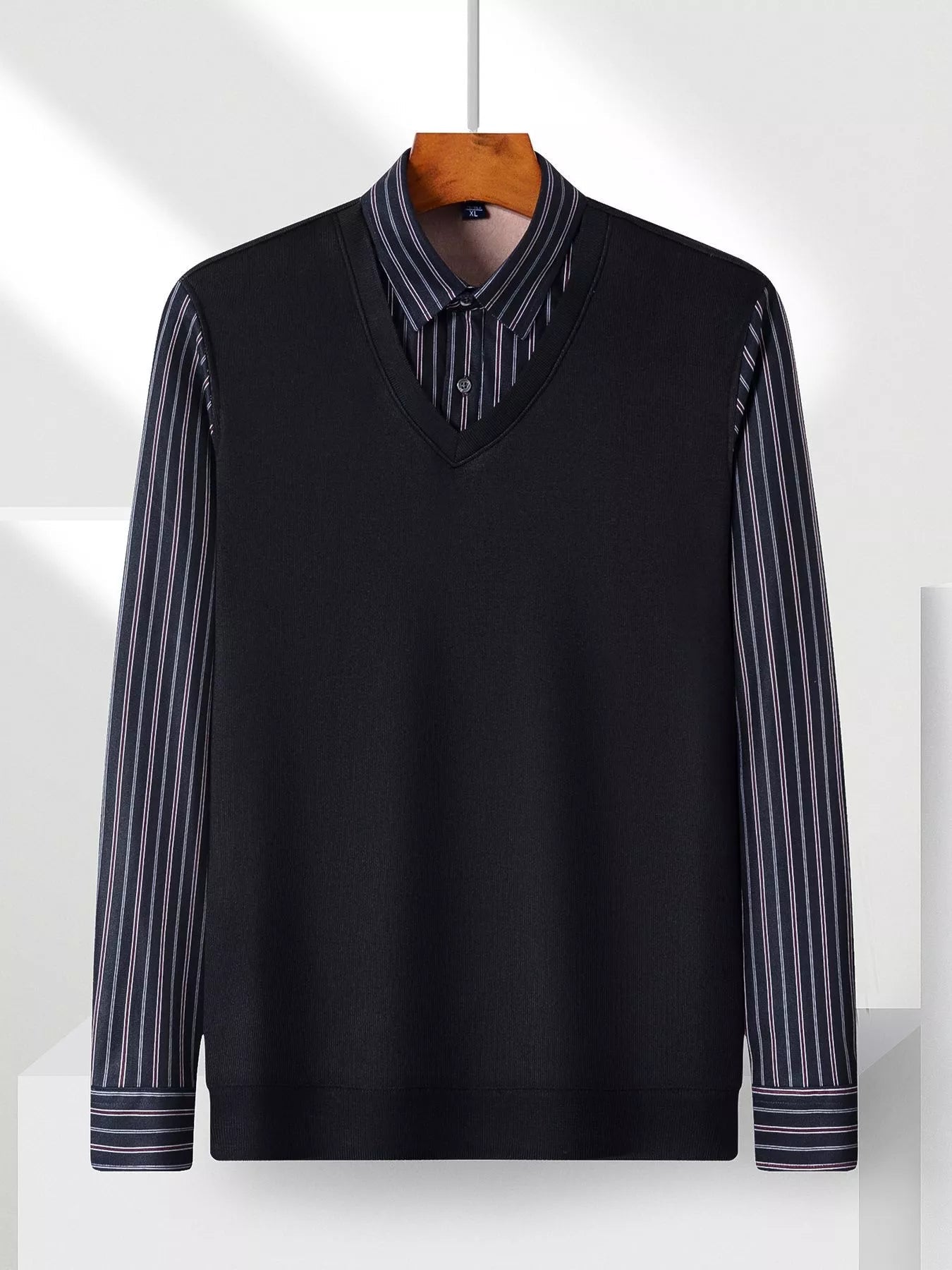 Men's Plus Size Striped Long Sleeve Fake Two - Piece Knit Top designed for comfort and style at Lookzlike
