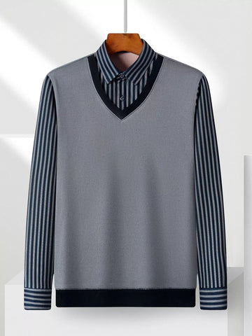 Men's Plus Size Striped Long Sleeve Fake Two - Piece Knit Top designed for comfort and style at Lookzlike