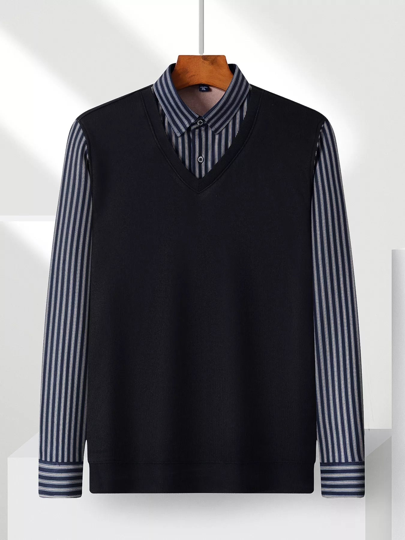 Men's Plus Size Striped Long Sleeve Fake Two - Piece Knit Top designed for comfort and style at Lookzlike