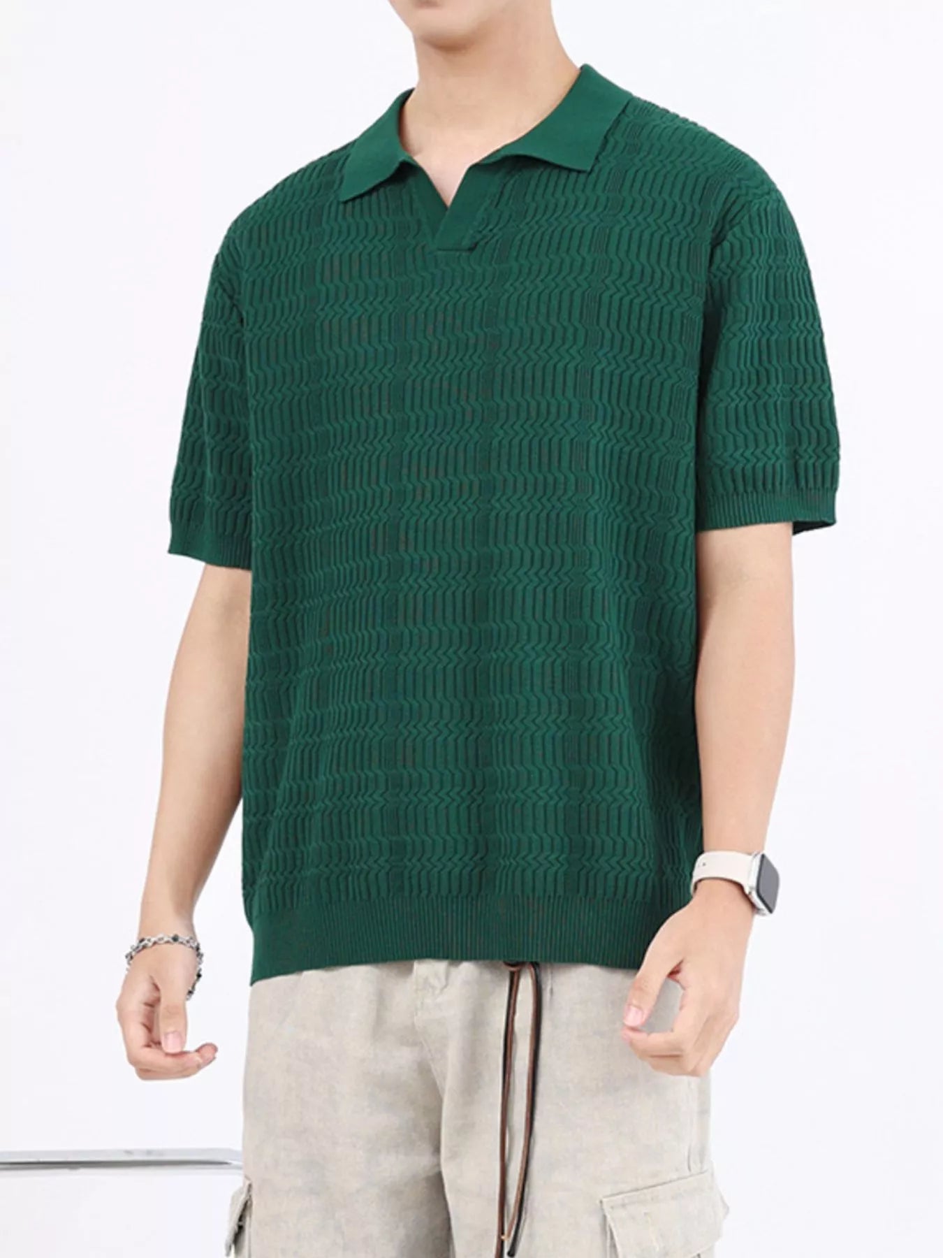 Men's Plus Size Textured Knit Short Sleeve Polo designed for comfort and style at Lookzlike