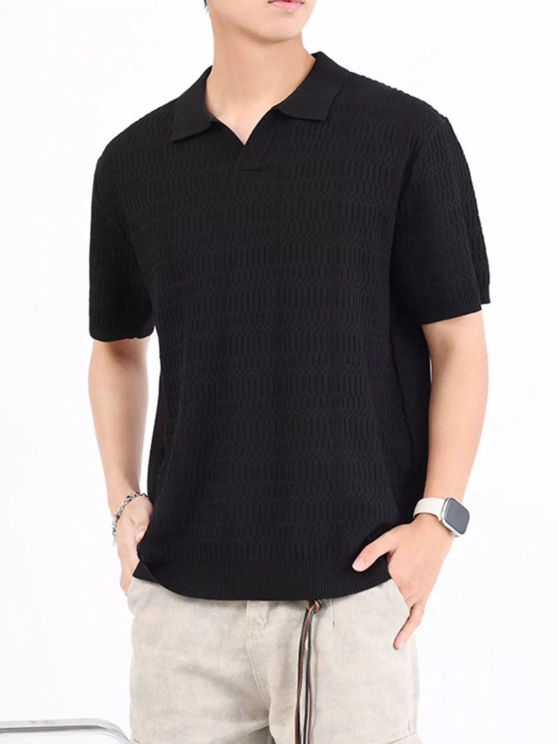 Men's Plus Size Textured Knit Short Sleeve Polo designed for comfort and style at Lookzlike