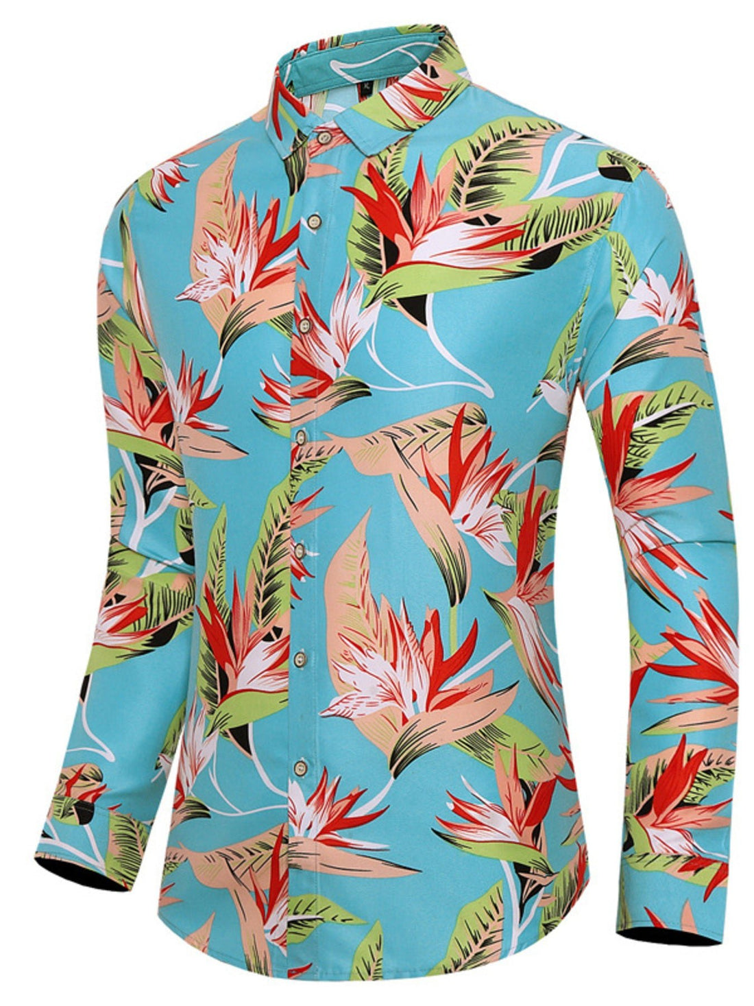 Men's Plus Size Tropical Print Long Sleeve Button-Down Shirt designed for comfort and style at Lookzlike