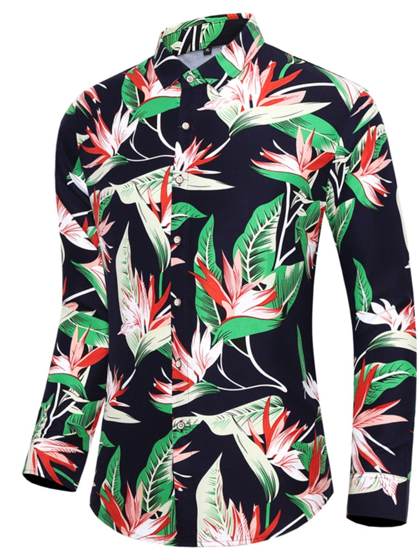 Men's Plus Size Tropical Print Long Sleeve Button-Down Shirt designed for comfort and style at Lookzlike