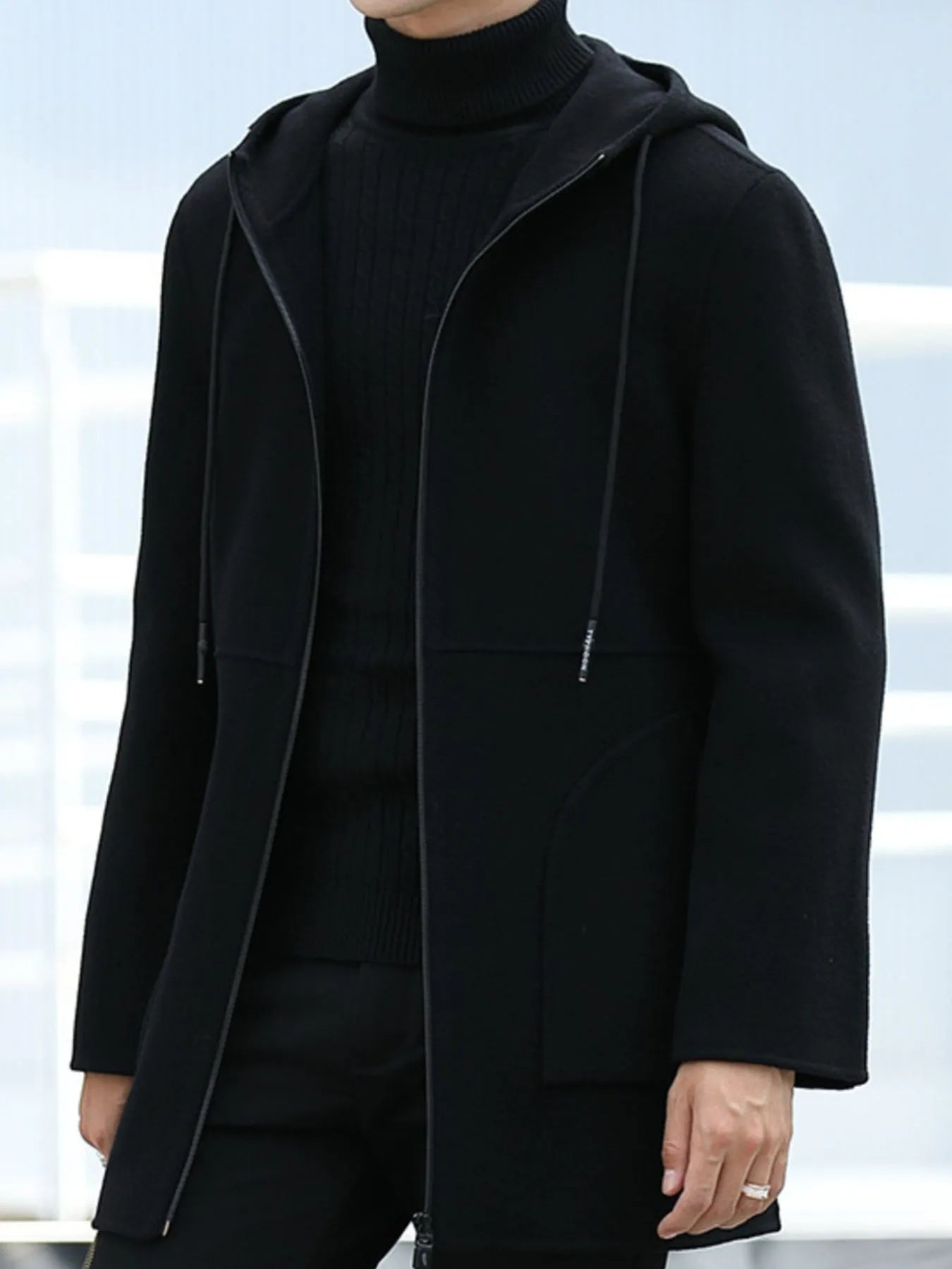Men's Plus Size Zip Up Drawstring Hooded Wool Coat designed for comfort and style at Lookzlike