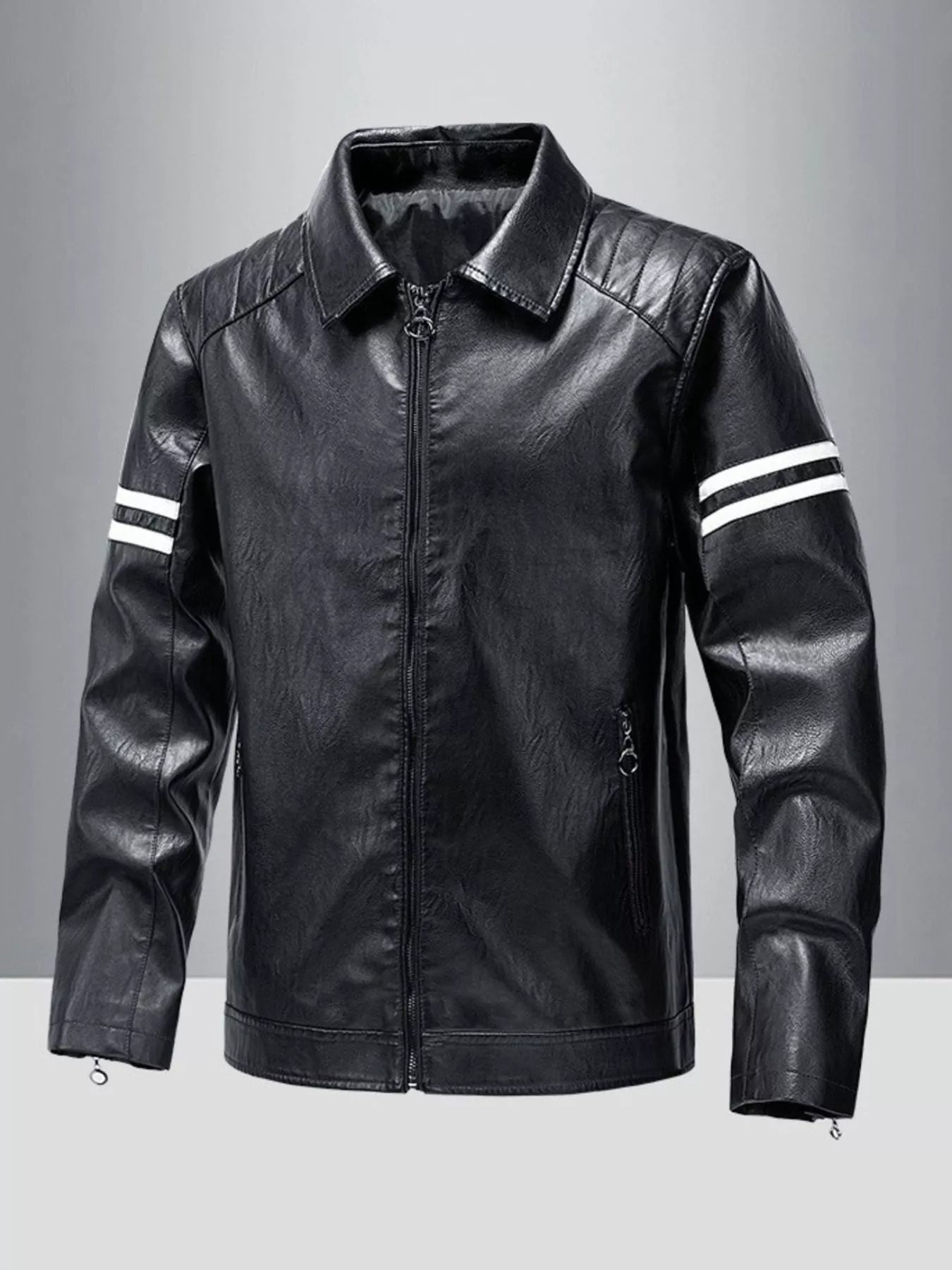 Men's Plus Size Zip Up Leather Motorcycle Jacket designed for comfort and style at Lookzlike