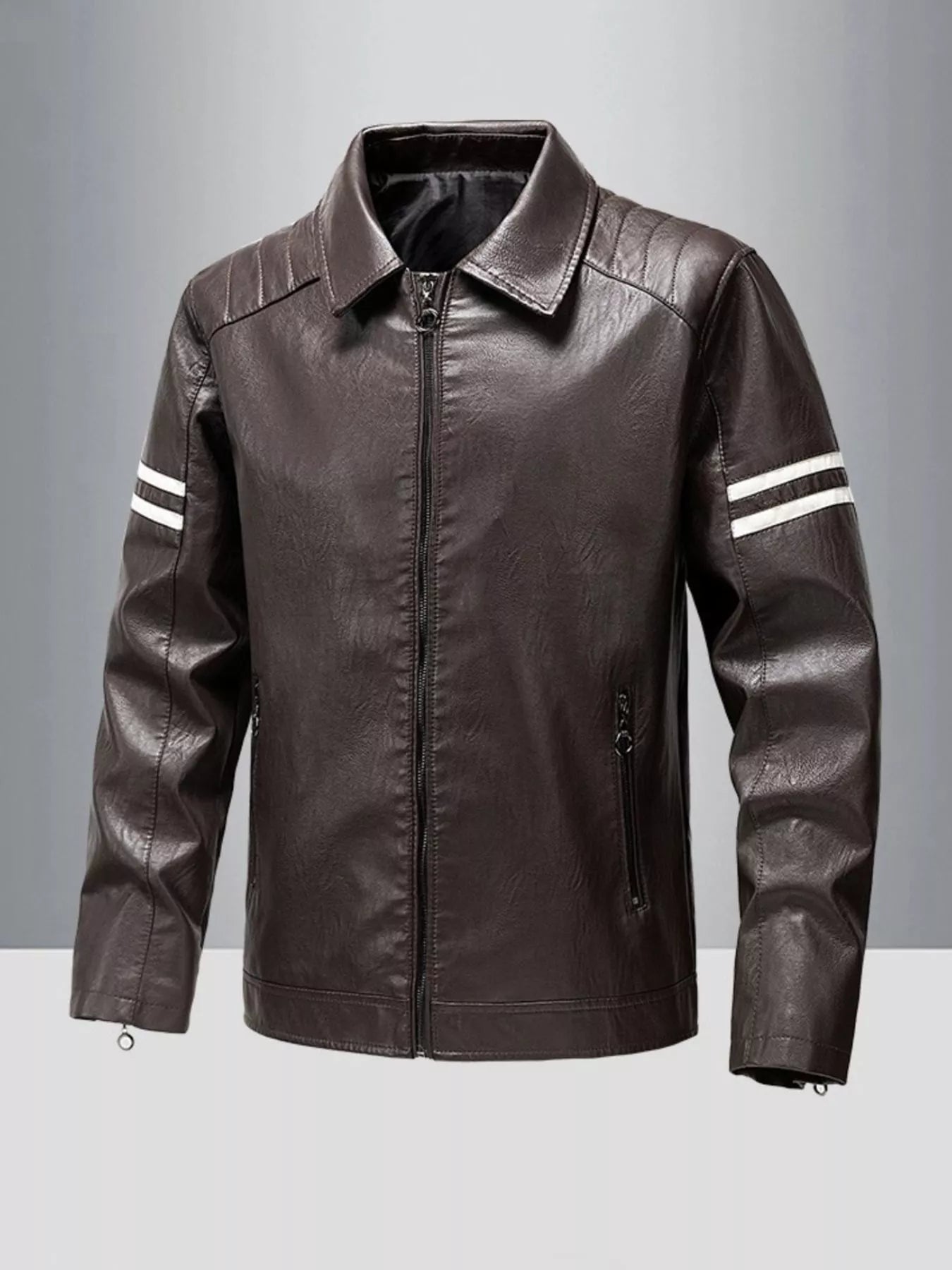 Men's Plus Size Zip Up Leather Motorcycle Jacket designed for comfort and style at Lookzlike