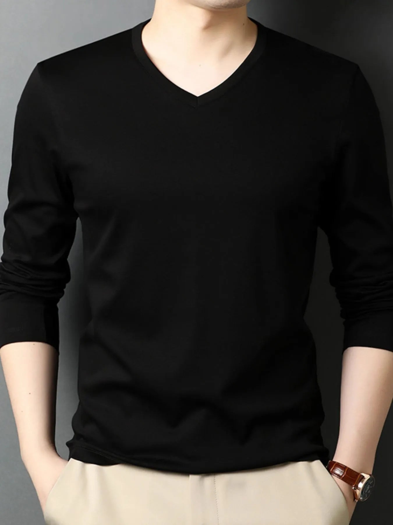 Men's V - Neck Long Sleeve T-Shirt designed for comfort and style at Lookzlike
