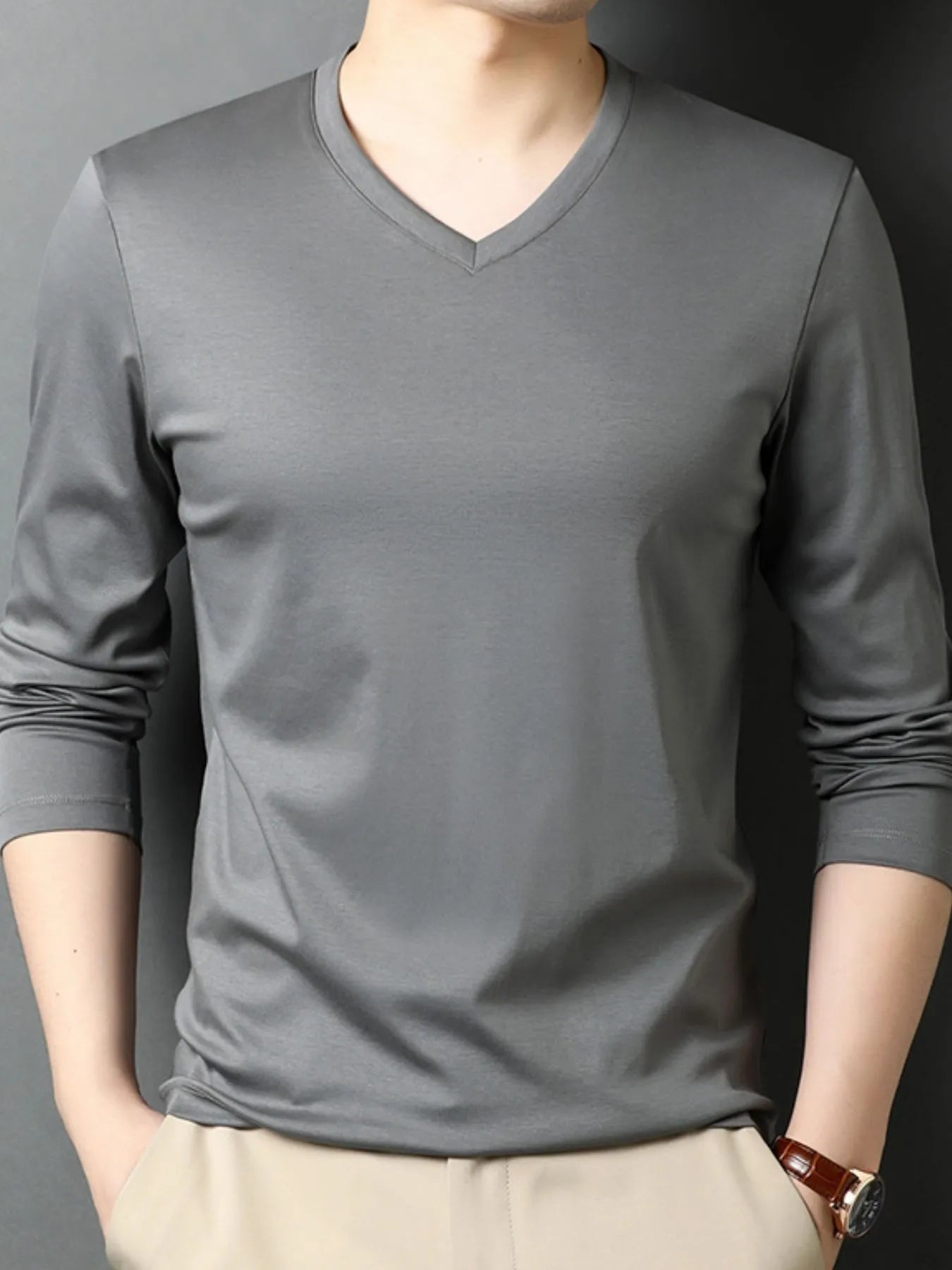 Men's V - Neck Long Sleeve T-Shirt designed for comfort and style at Lookzlike