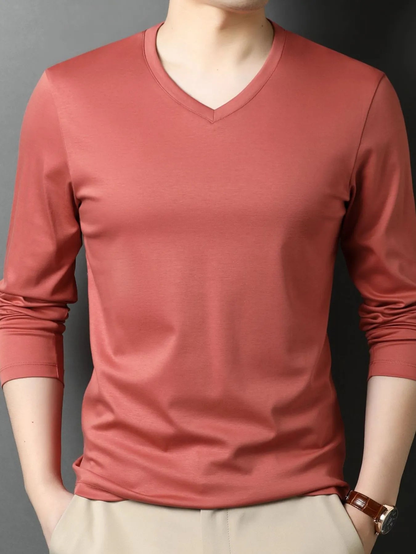 Men's V - Neck Long Sleeve T-Shirt designed for comfort and style at Lookzlike