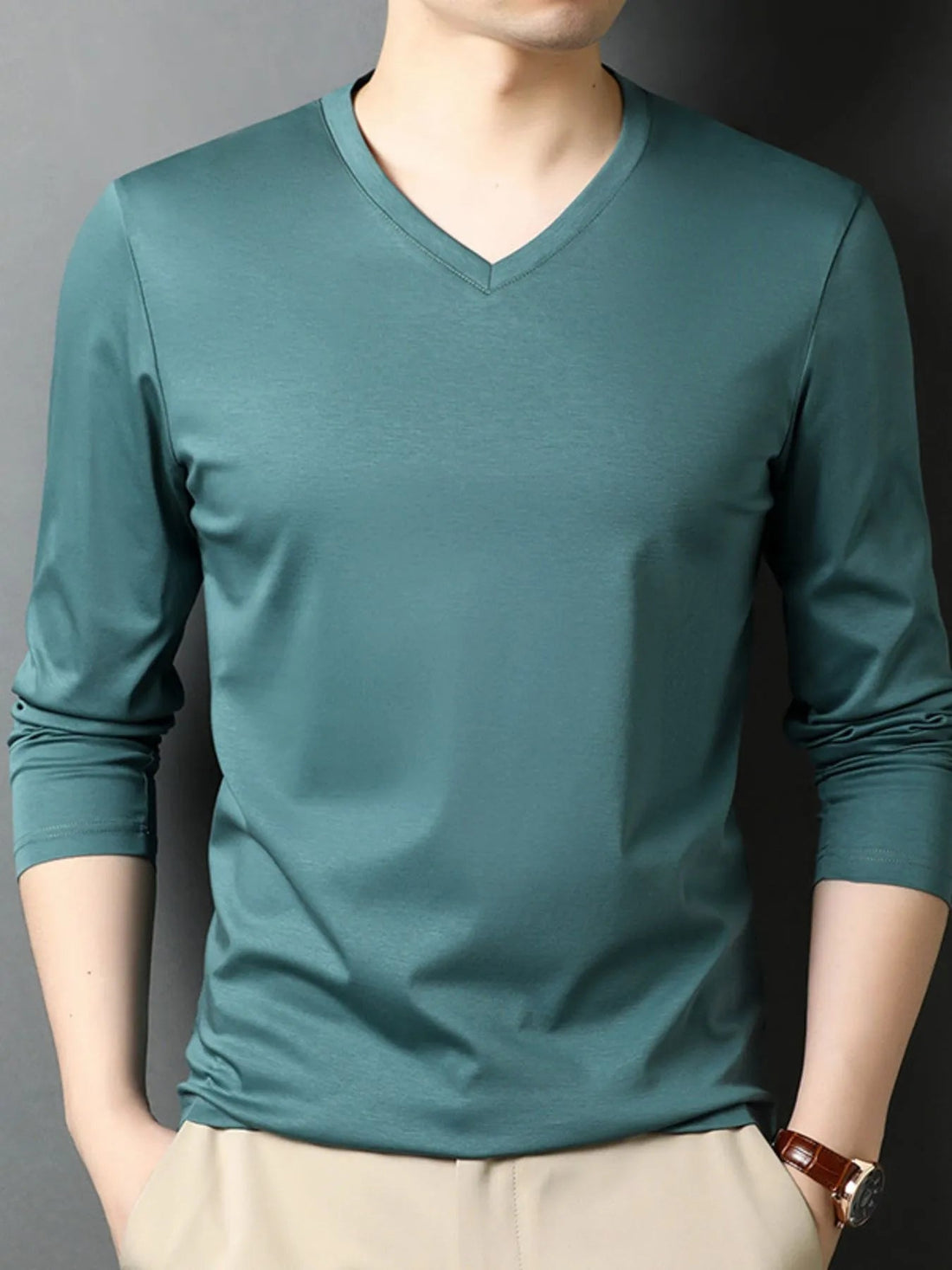 Men's V - Neck Long Sleeve T-Shirt designed for comfort and style at Lookzlike