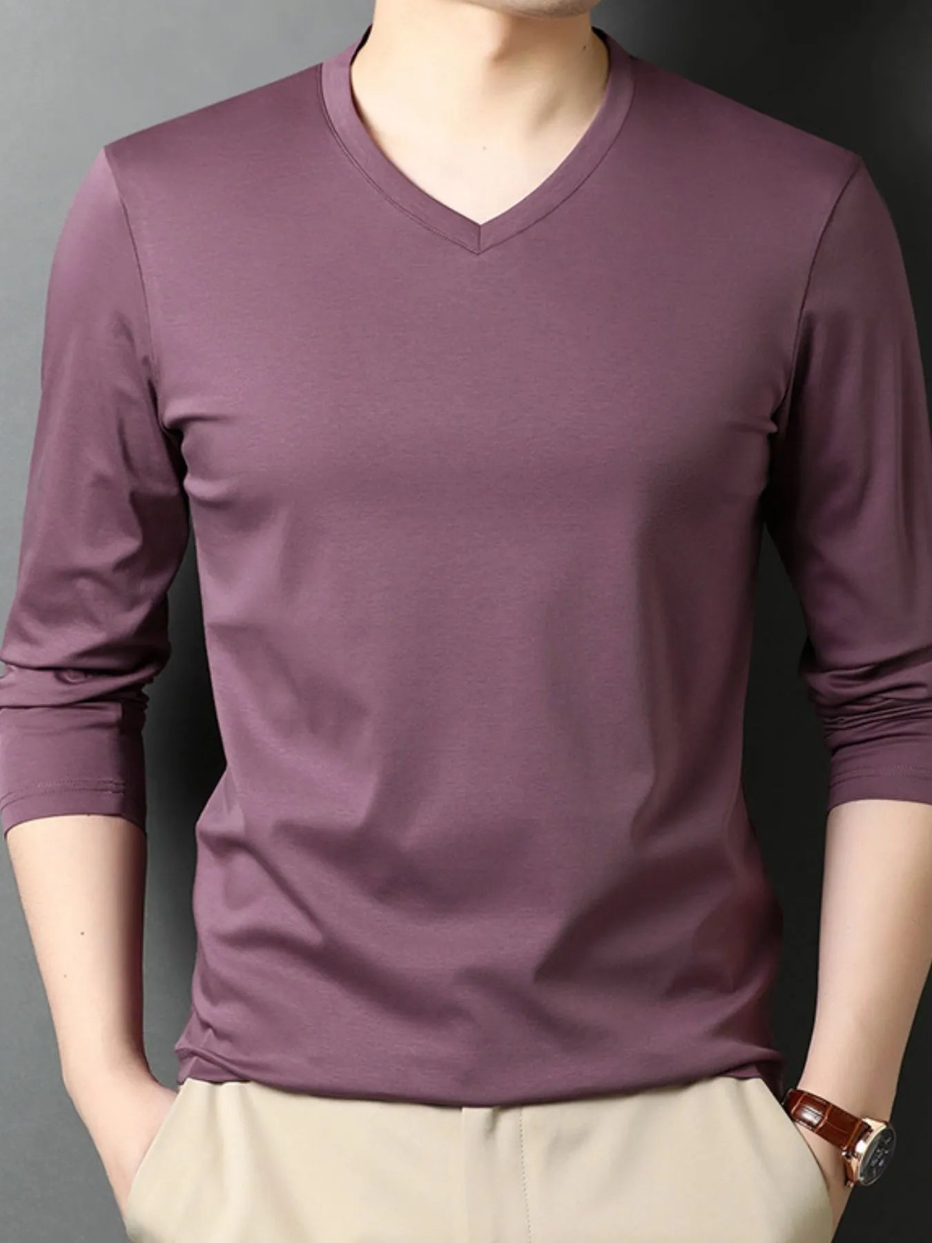 Men's V - Neck Long Sleeve T-Shirt designed for comfort and style at Lookzlike