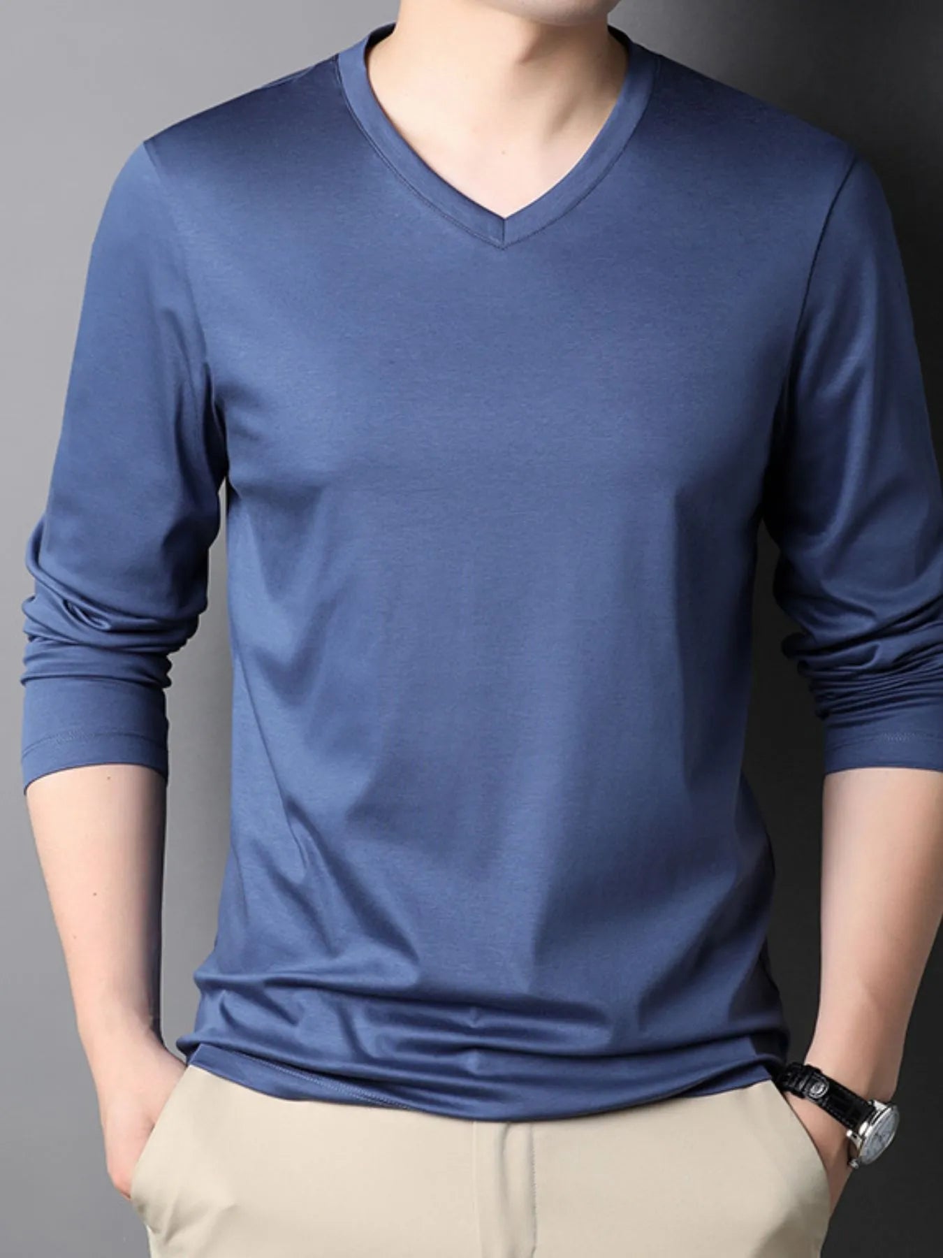 Men's V - Neck Long Sleeve T-Shirt designed for comfort and style at Lookzlike