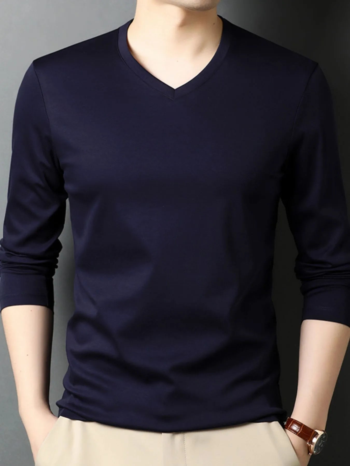 Men's V - Neck Long Sleeve T-Shirt designed for comfort and style at Lookzlike