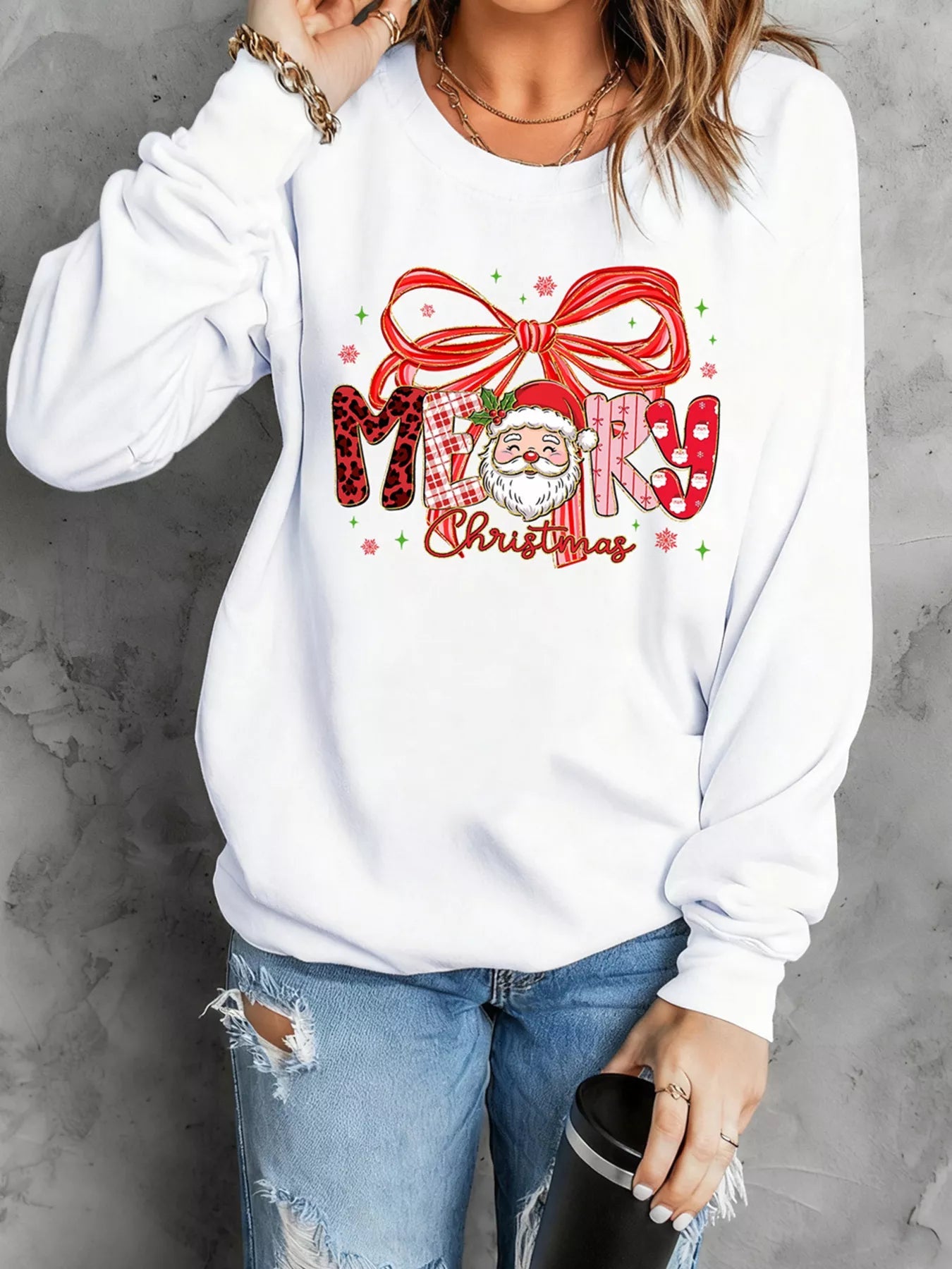 Merry Christmas Graphic Long Sleeve Sweatshirt designed for comfort and style at Lookzlike
