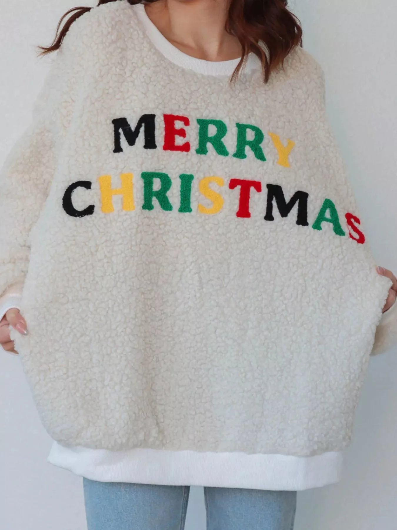 Merry Christmas Sherpa Fleece Sweatshirt designed for comfort and style at Lookzlike