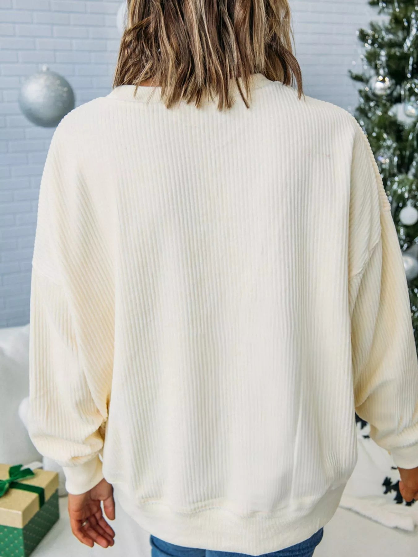 Merry Little Thing Corded Letter Graphic Ribbed Sweatshirt designed for comfort and style at Lookzlike