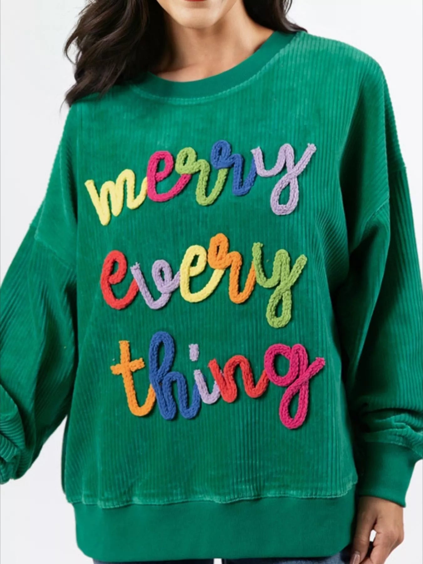 Merry Little Thing Corded Letter Graphic Ribbed Sweatshirt designed for comfort and style at Lookzlike