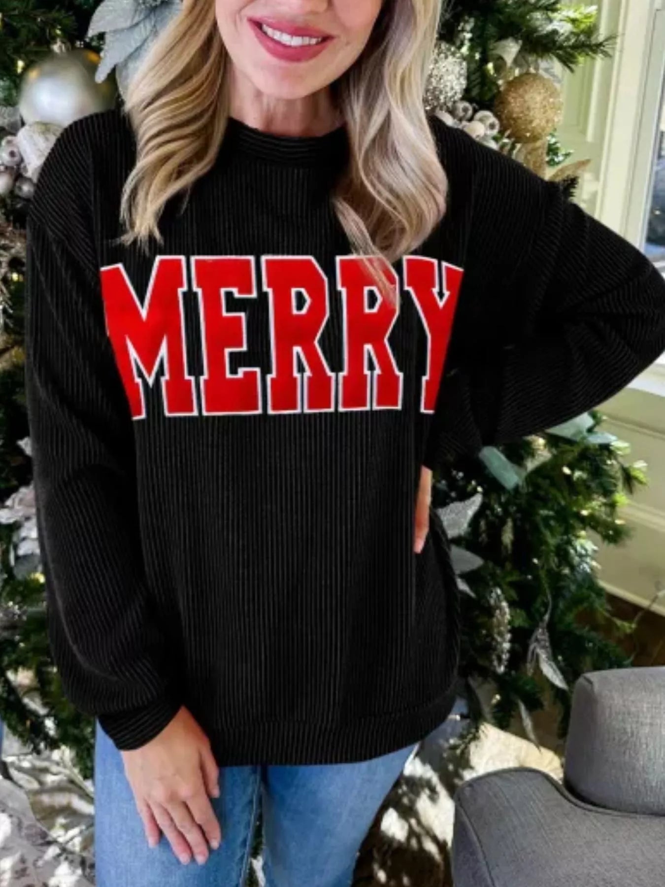MERRY Round Neck Christmas Sweatshirt designed for comfort and style at Lookzlike
