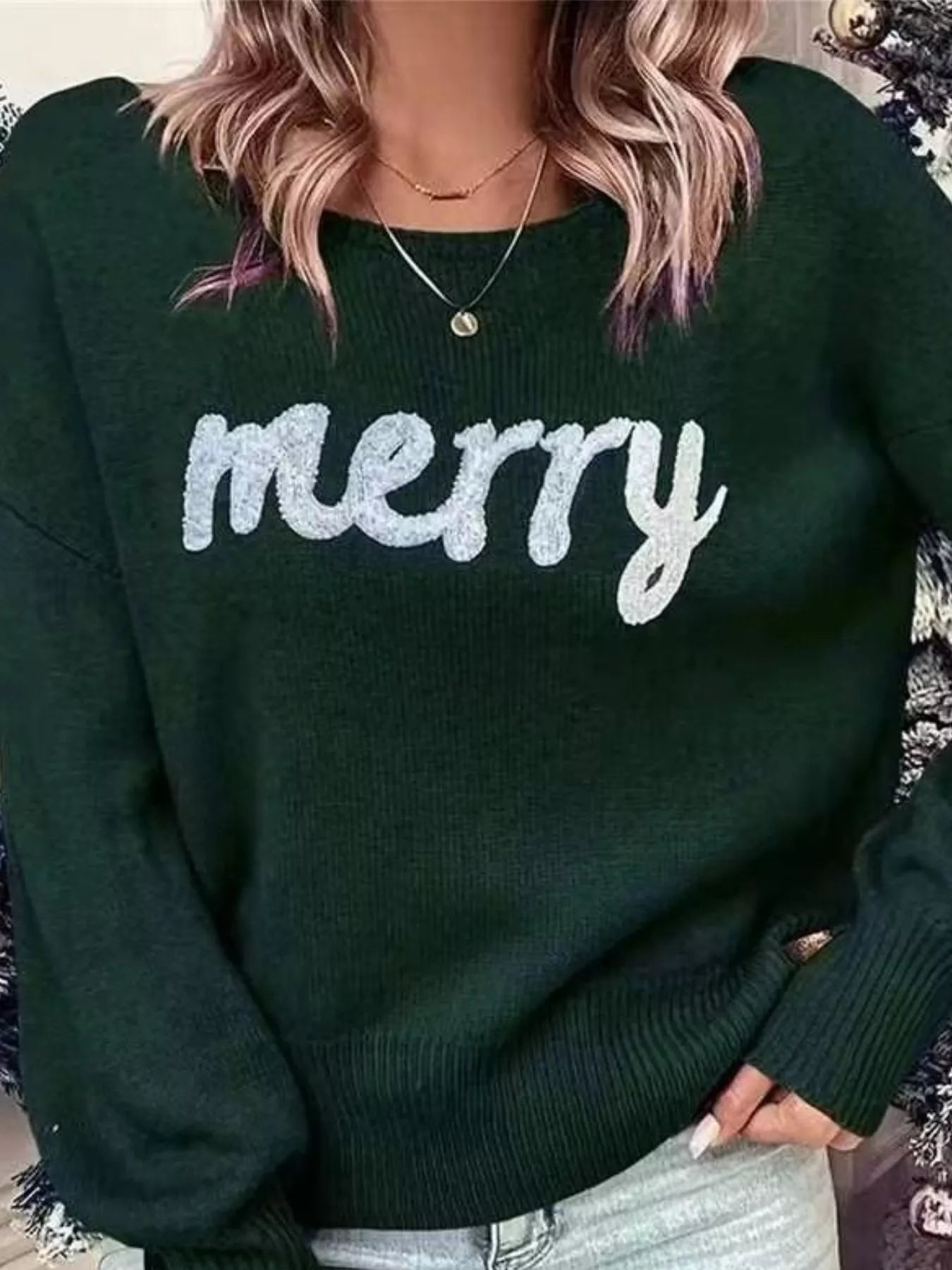 Merry Round Neck Dropped Shoulder Christmas Sweater designed for comfort and style at Lookzlike