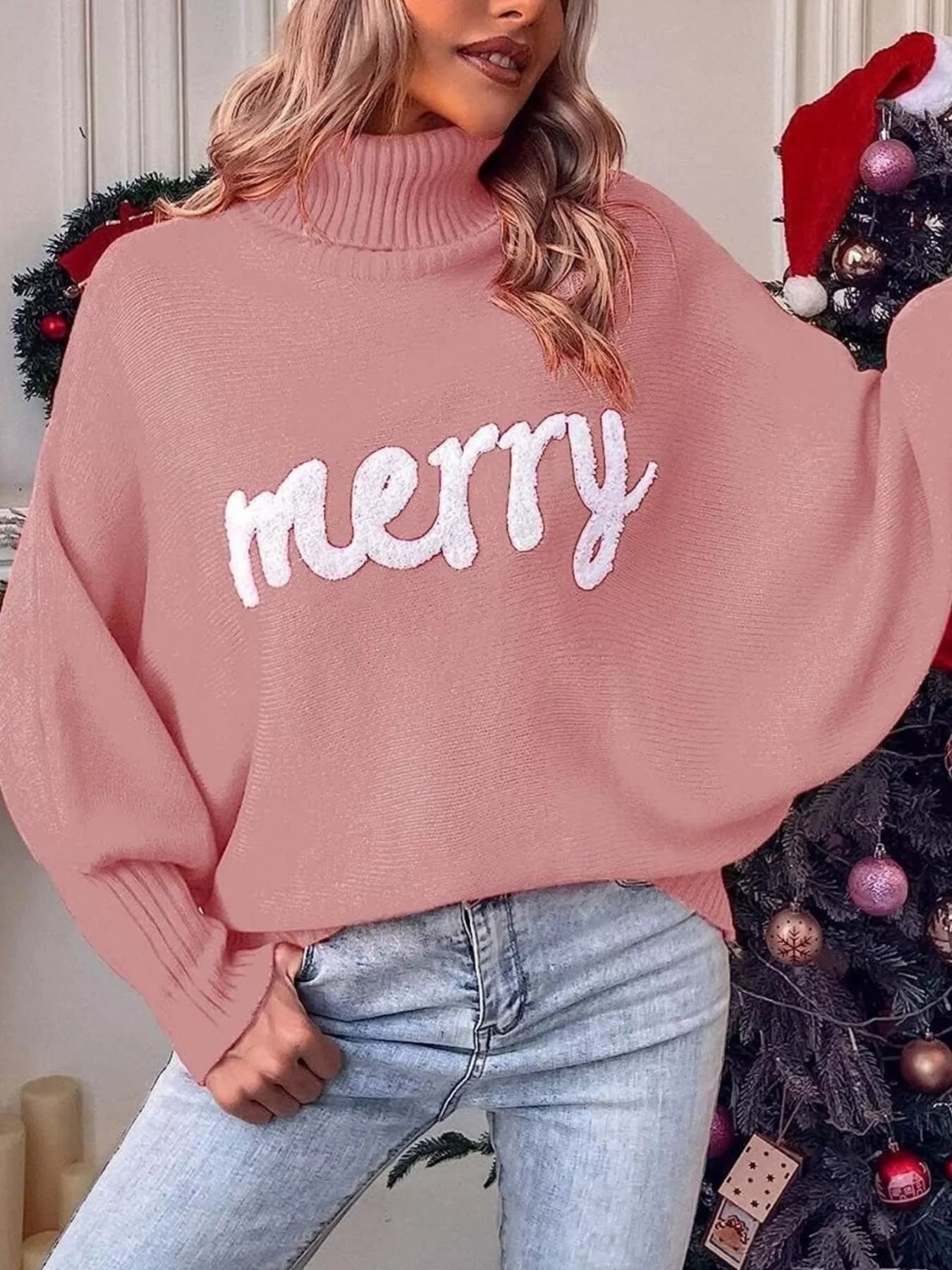Merry Turtleneck Long Sleeve Christmas Sweater designed for comfort and style at Lookzlike