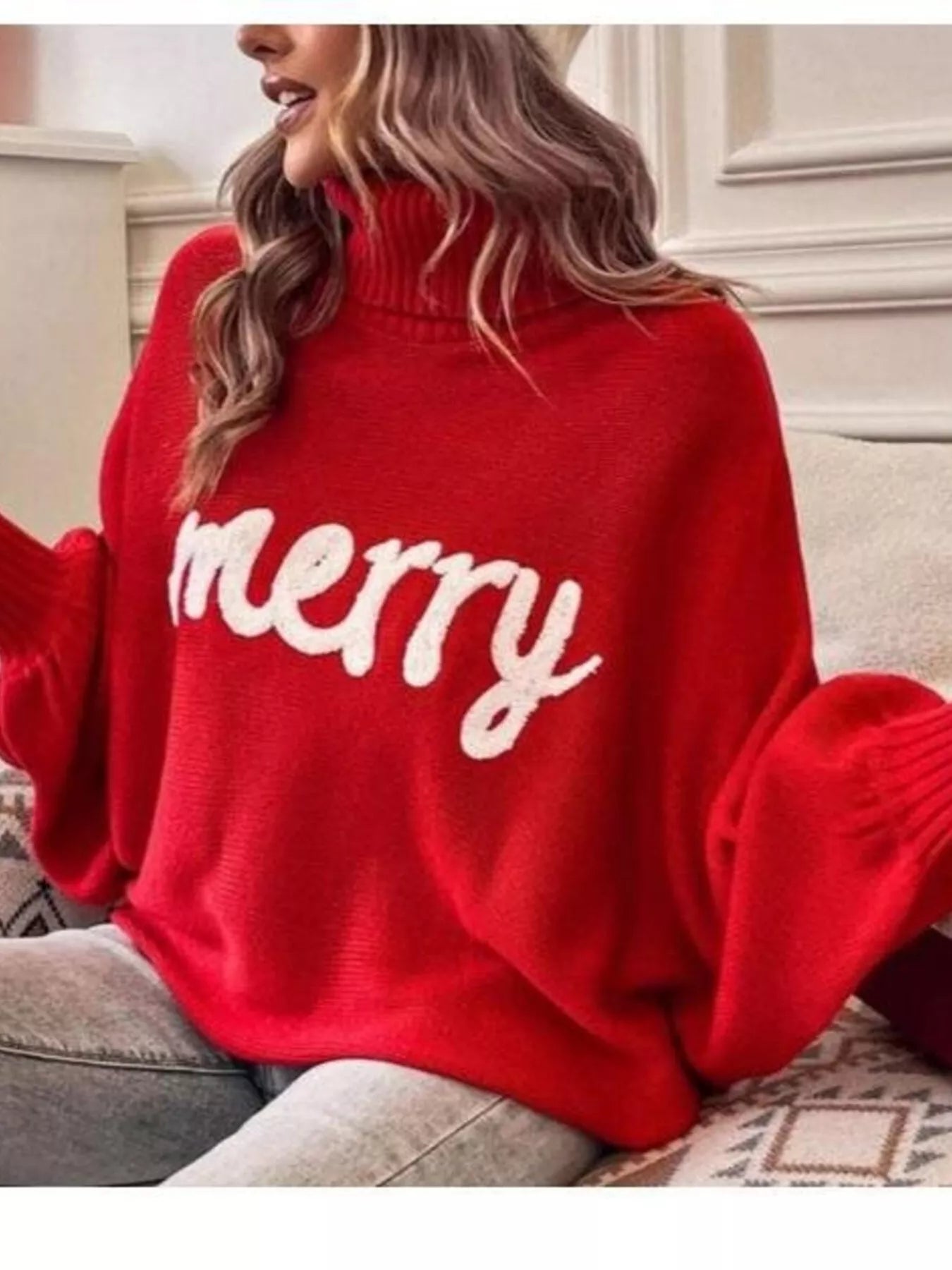 Merry Turtleneck Long Sleeve Christmas Sweater designed for comfort and style at Lookzlike