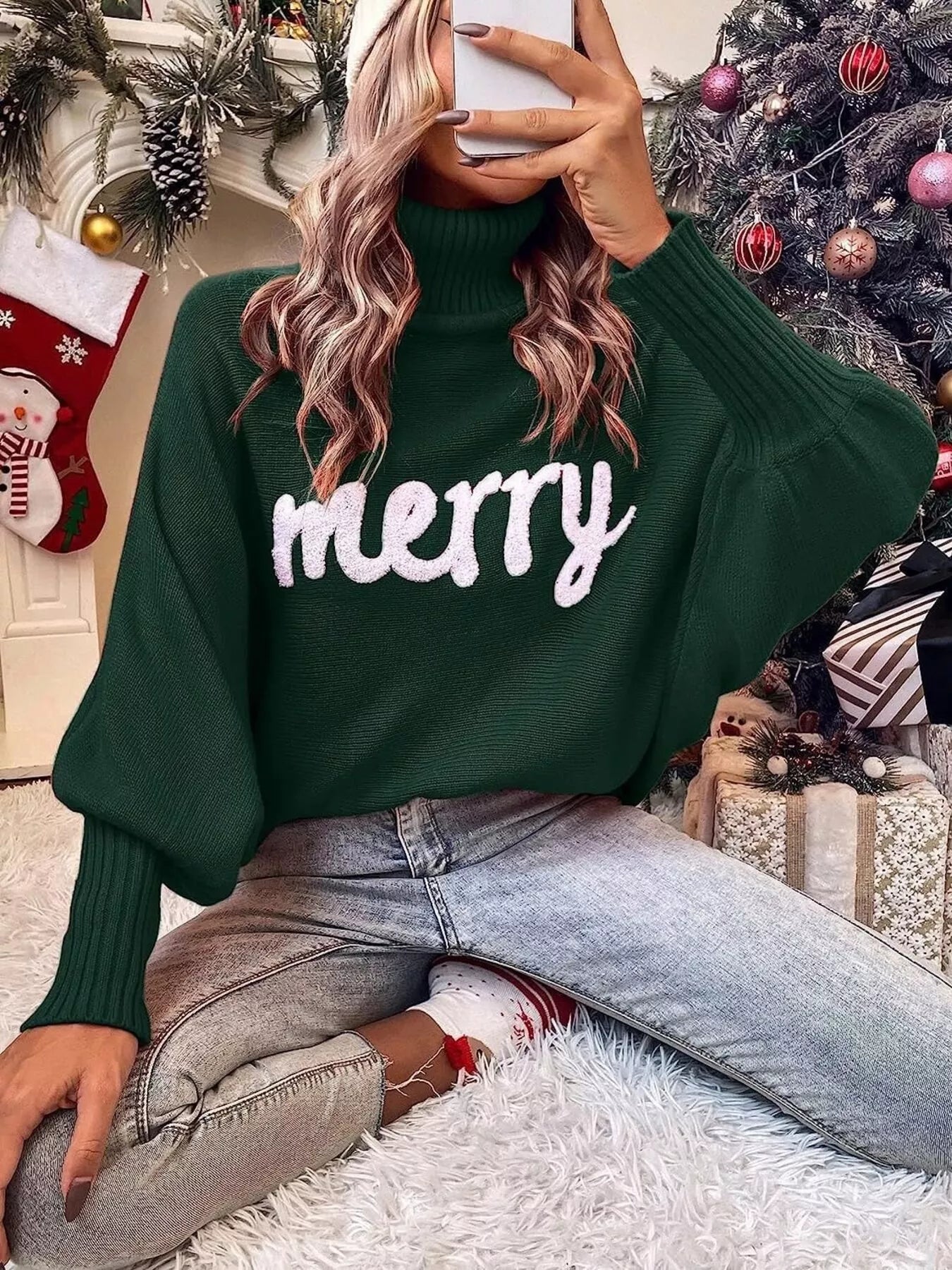 Merry Turtleneck Long Sleeve Christmas Sweater designed for comfort and style at Lookzlike
