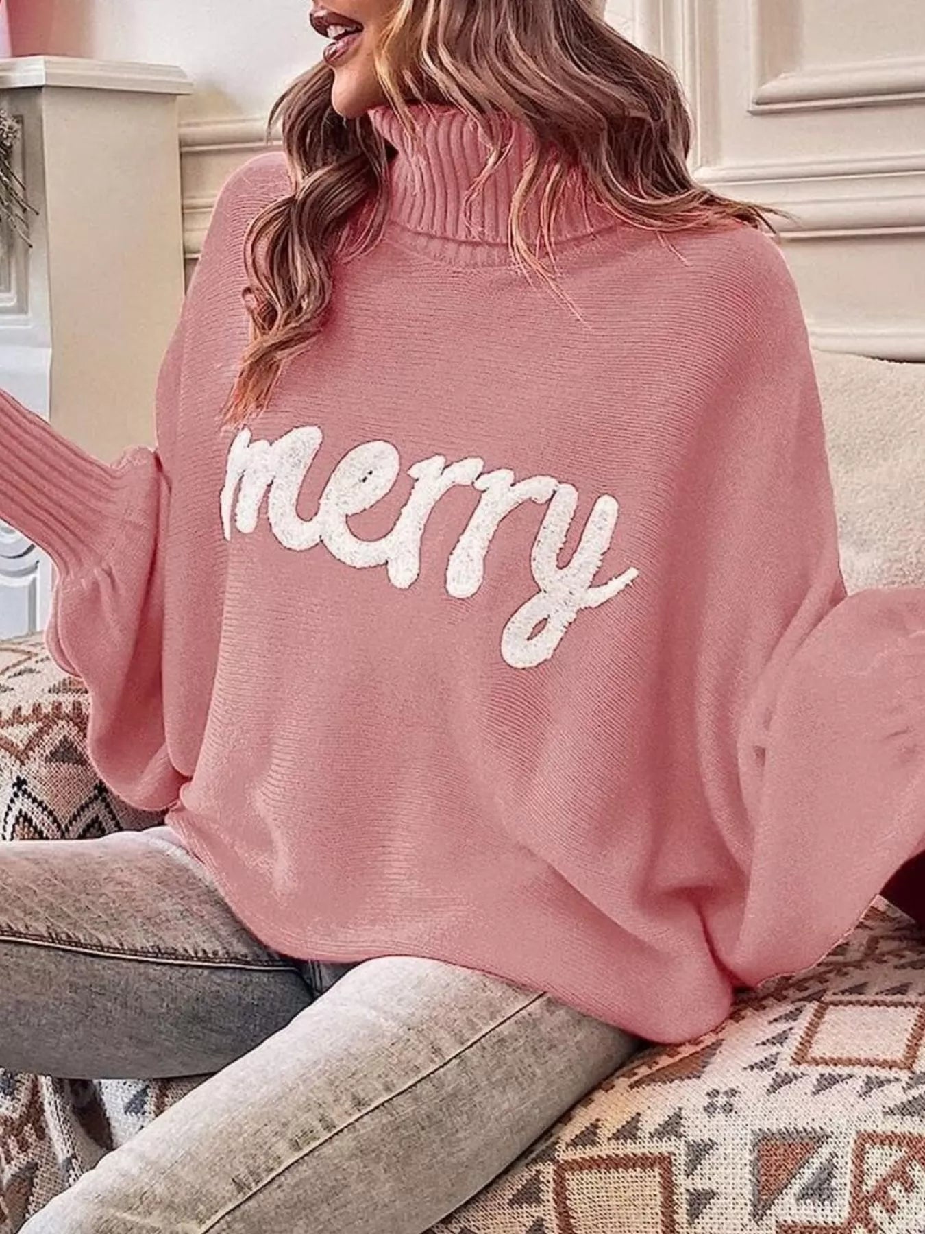 Merry Turtleneck Long Sleeve Christmas Sweater designed for comfort and style at Lookzlike