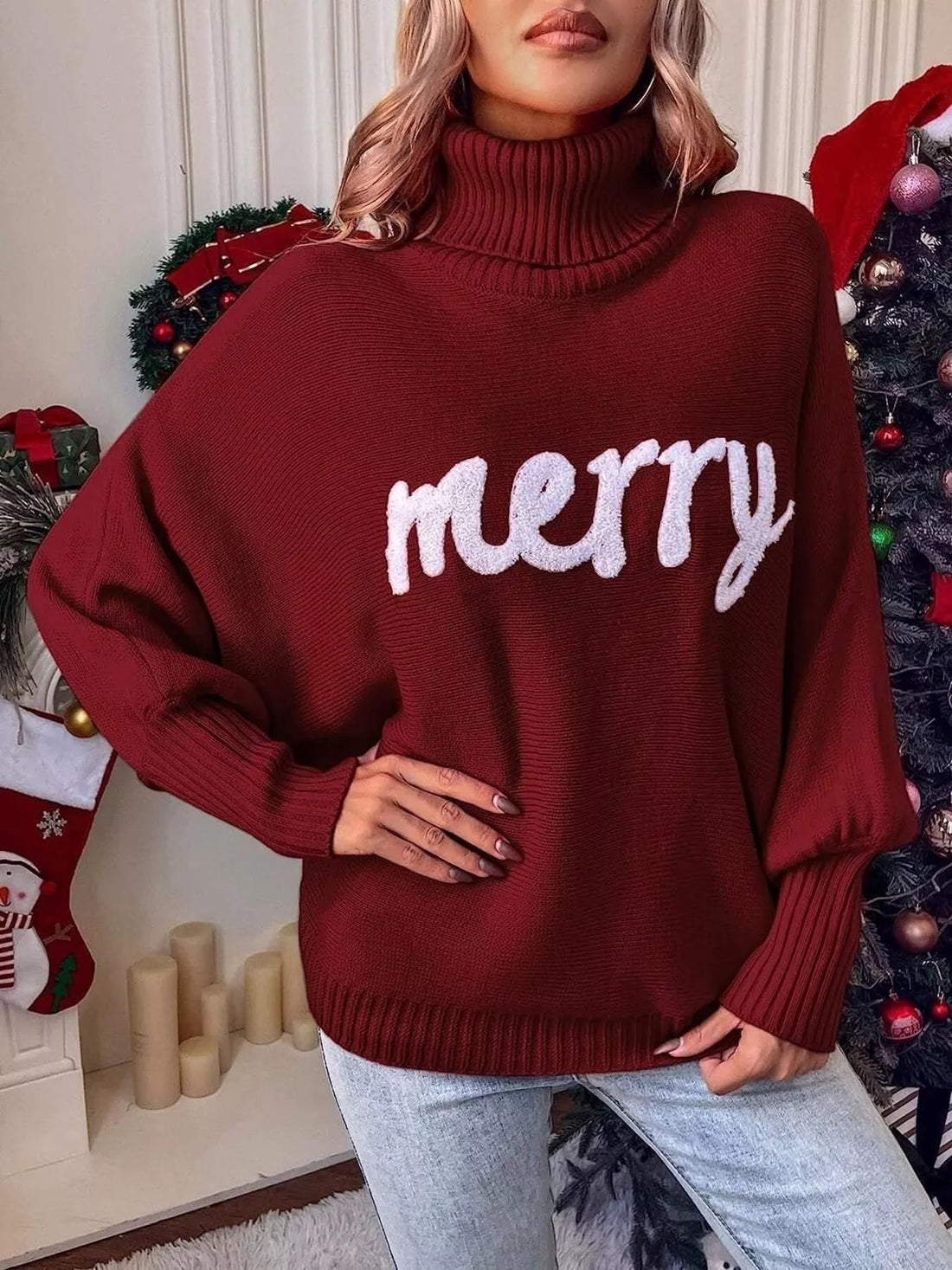Merry Turtleneck Long Sleeve Christmas Sweater designed for comfort and style at Lookzlike