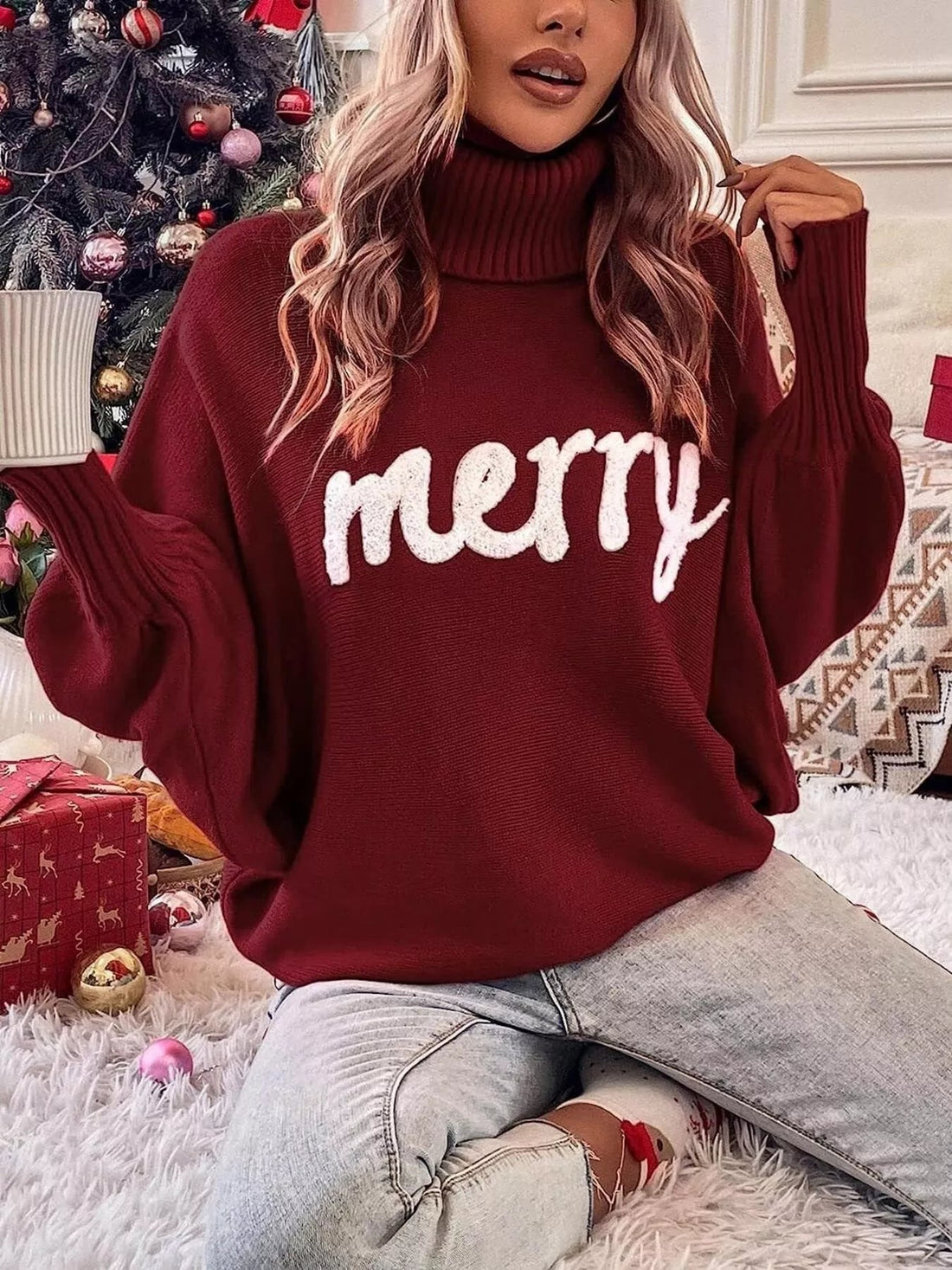 Merry Turtleneck Long Sleeve Christmas Sweater designed for comfort and style at Lookzlike