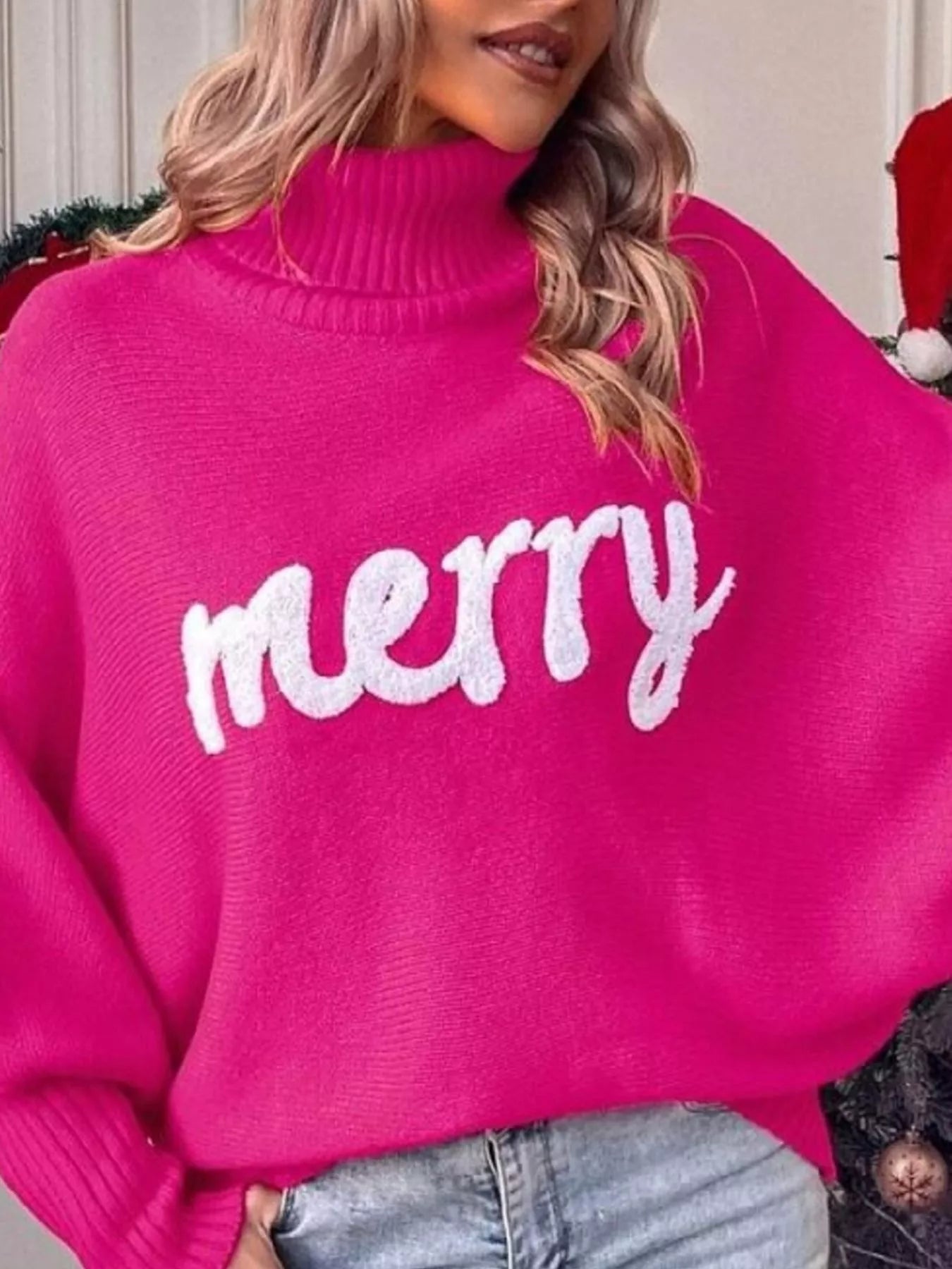 Merry Turtleneck Long Sleeve Christmas Sweater designed for comfort and style at Lookzlike