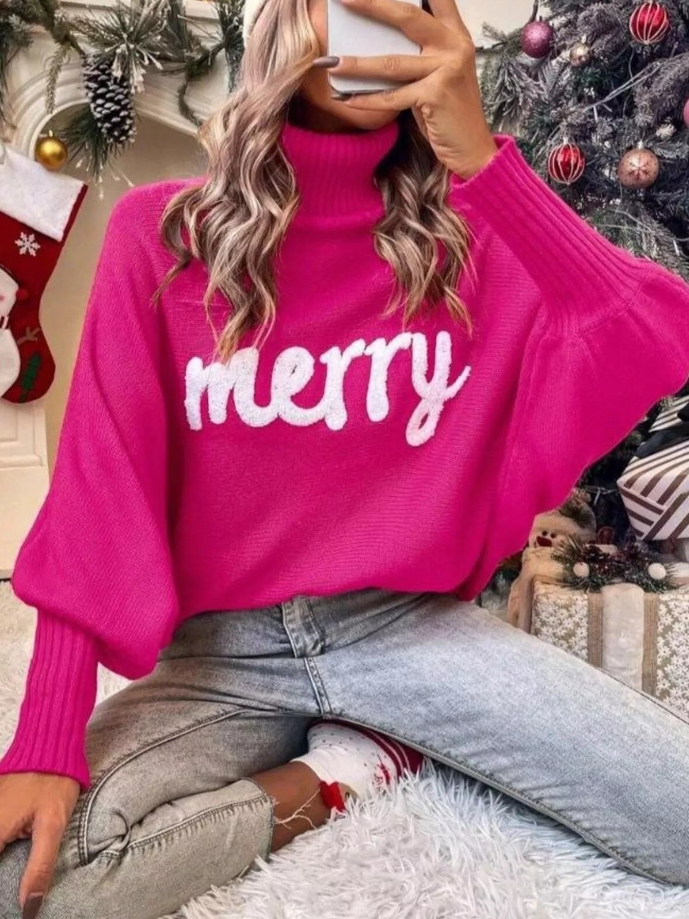 Merry Turtleneck Long Sleeve Christmas Sweater designed for comfort and style at Lookzlike