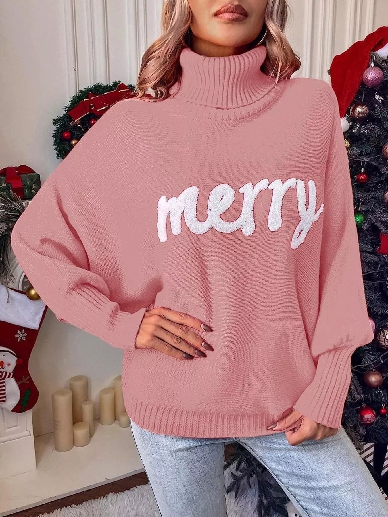 Merry Turtleneck Long Sleeve Christmas Sweater designed for comfort and style at Lookzlike