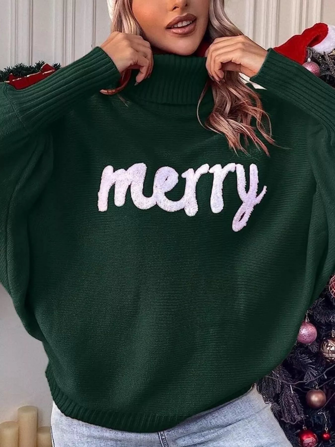 Merry Turtleneck Long Sleeve Christmas Sweater designed for comfort and style at Lookzlike