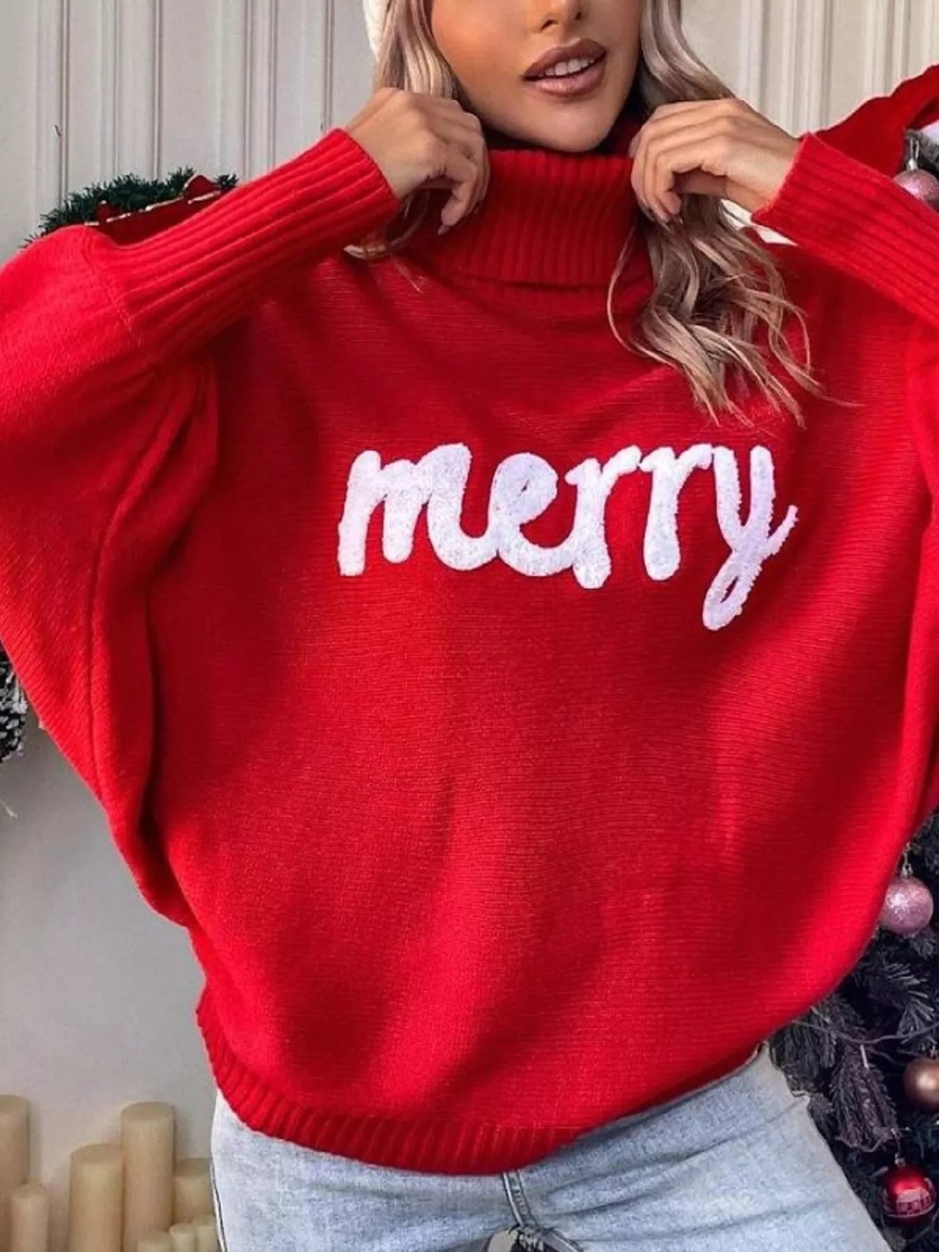 Merry Turtleneck Long Sleeve Christmas Sweater designed for comfort and style at Lookzlike