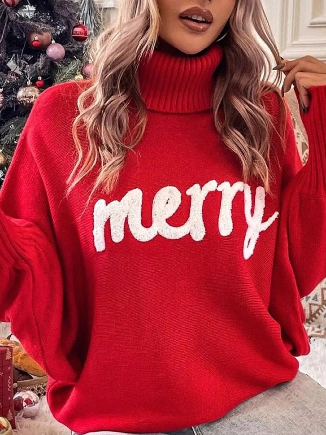 Merry Turtleneck Long Sleeve Christmas Sweater designed for comfort and style at Lookzlike