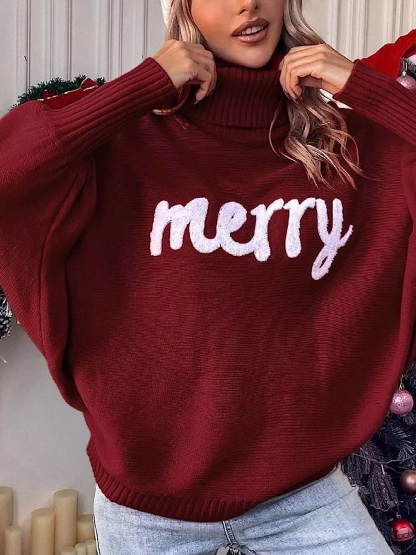 Merry Turtleneck Long Sleeve Christmas Sweater designed for comfort and style at Lookzlike