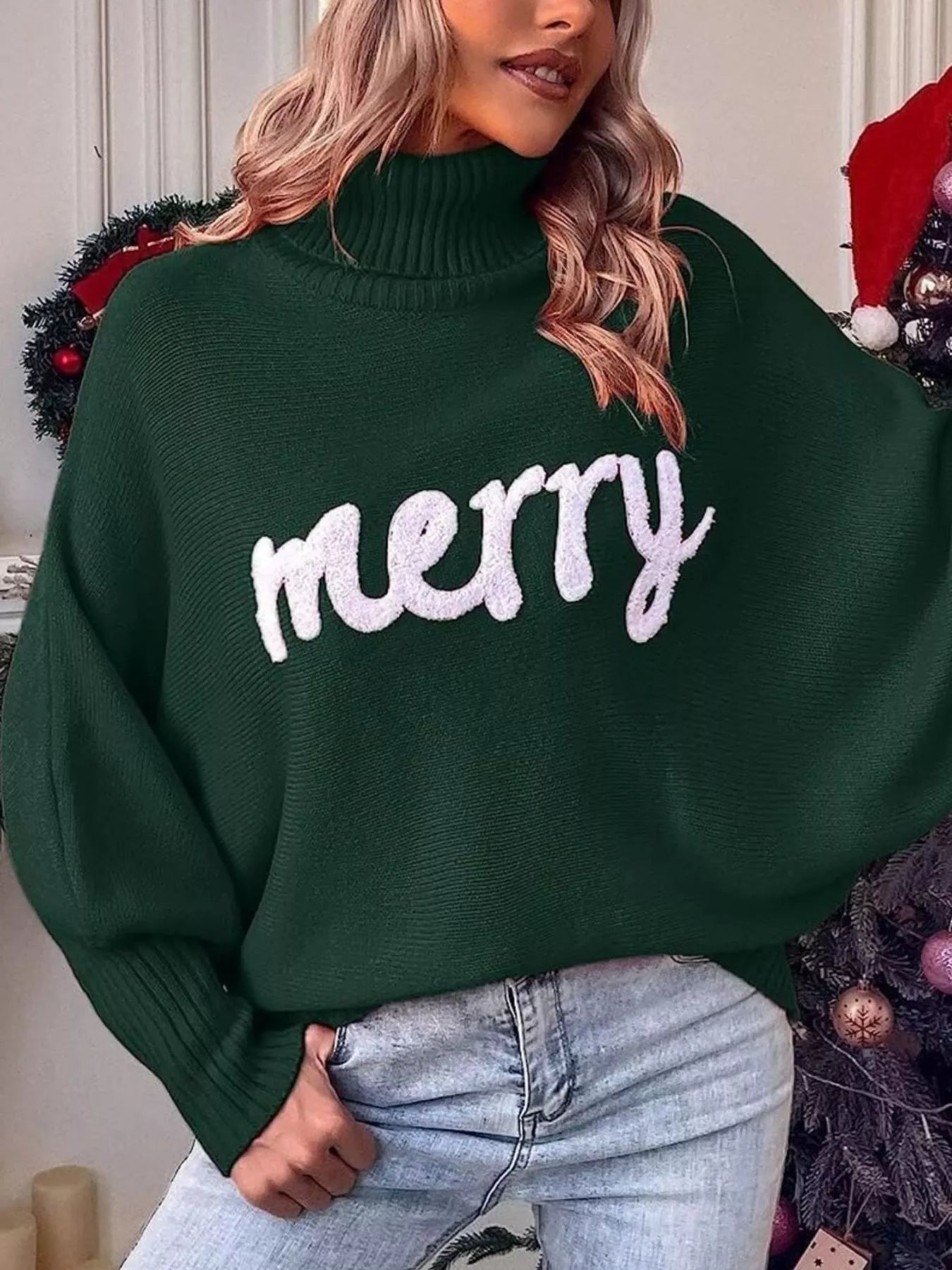 Merry Turtleneck Long Sleeve Christmas Sweater designed for comfort and style at Lookzlike