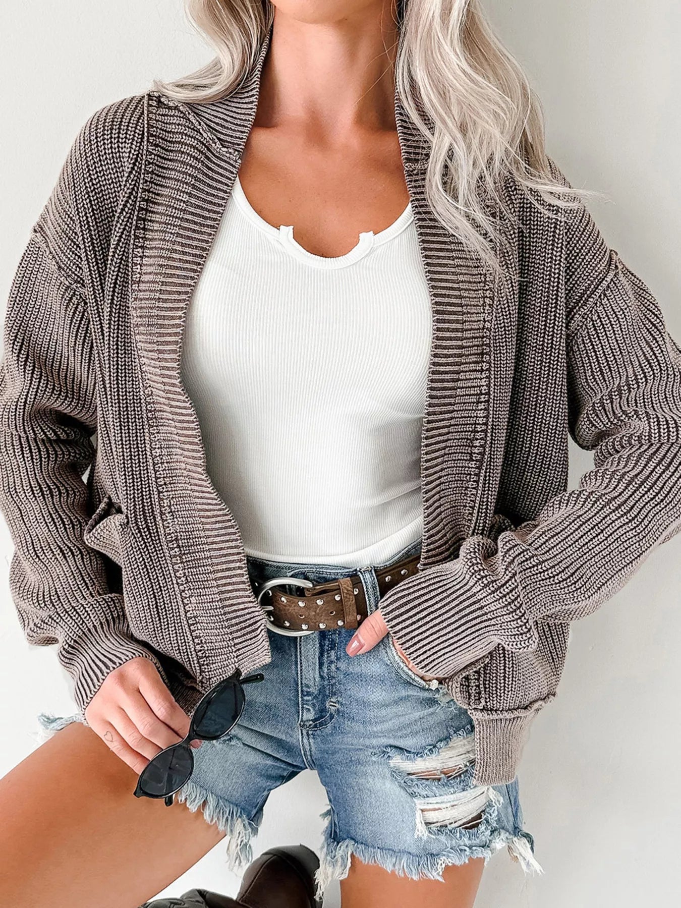 Mineral Wash Exposed Seam Patchwork Knit Open Sweater Cardigan designed for comfort and style at Lookzlike