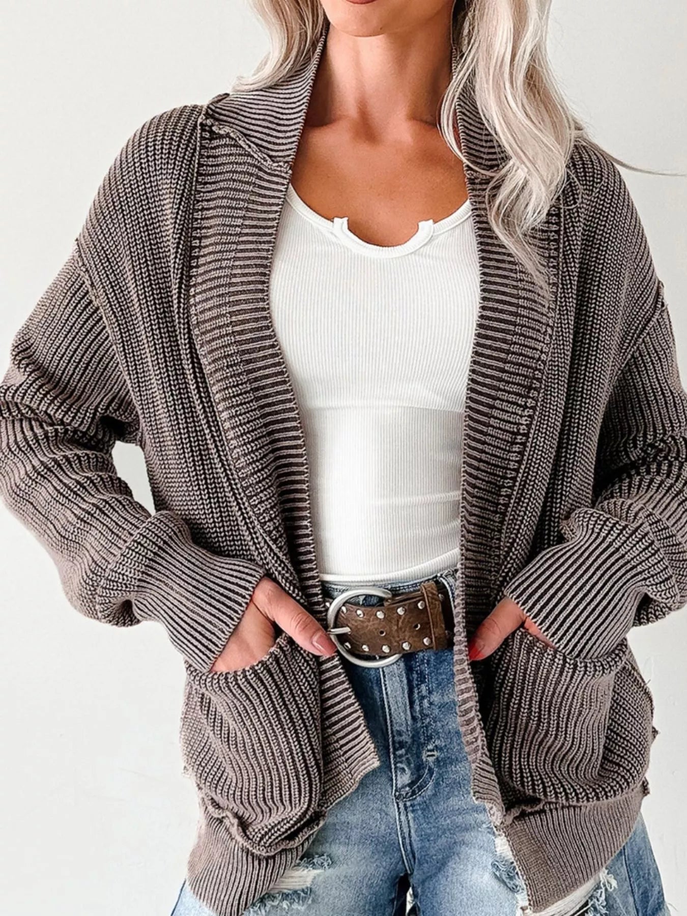 Mineral Wash Exposed Seam Patchwork Knit Open Sweater Cardigan designed for comfort and style at Lookzlike