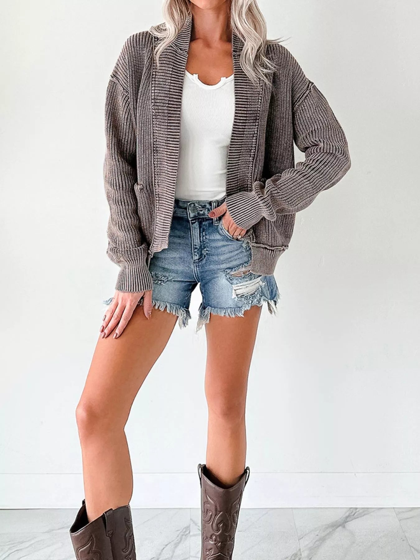 Mineral Wash Exposed Seam Patchwork Knit Open Sweater Cardigan designed for comfort and style at Lookzlike