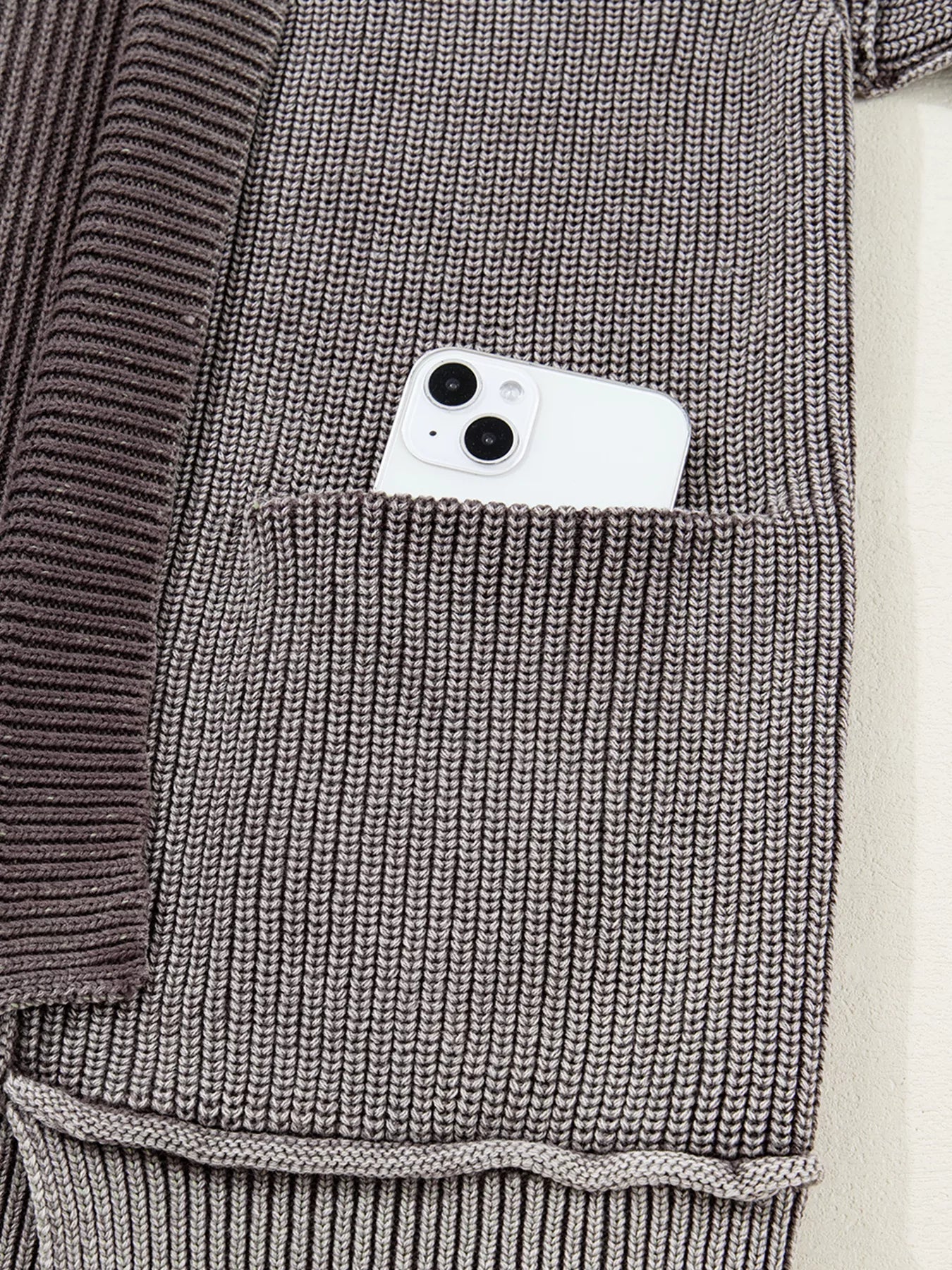 Mineral Wash Exposed Seam Patchwork Knit Open Sweater Cardigan designed for comfort and style at Lookzlike