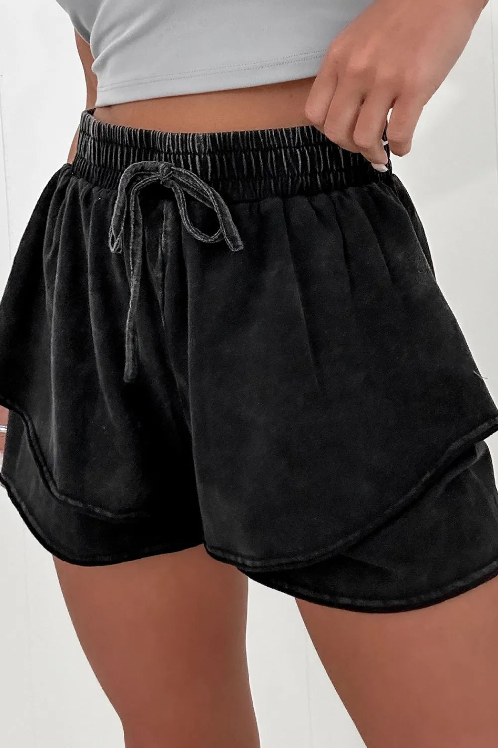 Mineral Wash French Terry High Waist Casual Shorts - Lookzlike