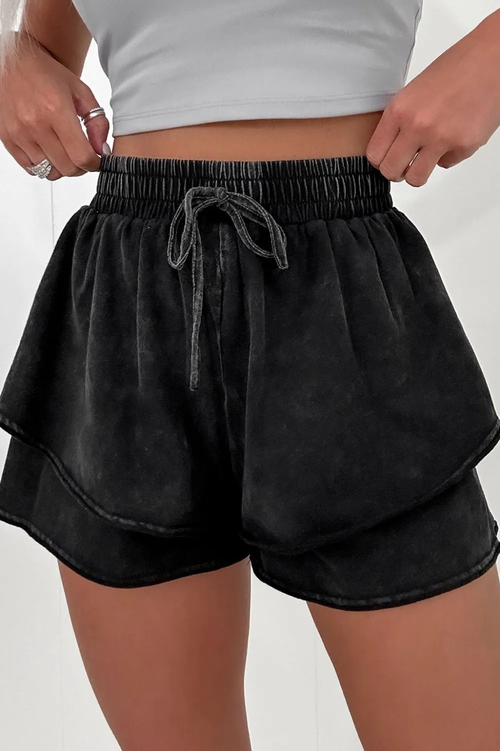 Mineral Wash French Terry High Waist Casual Shorts - Lookzlike